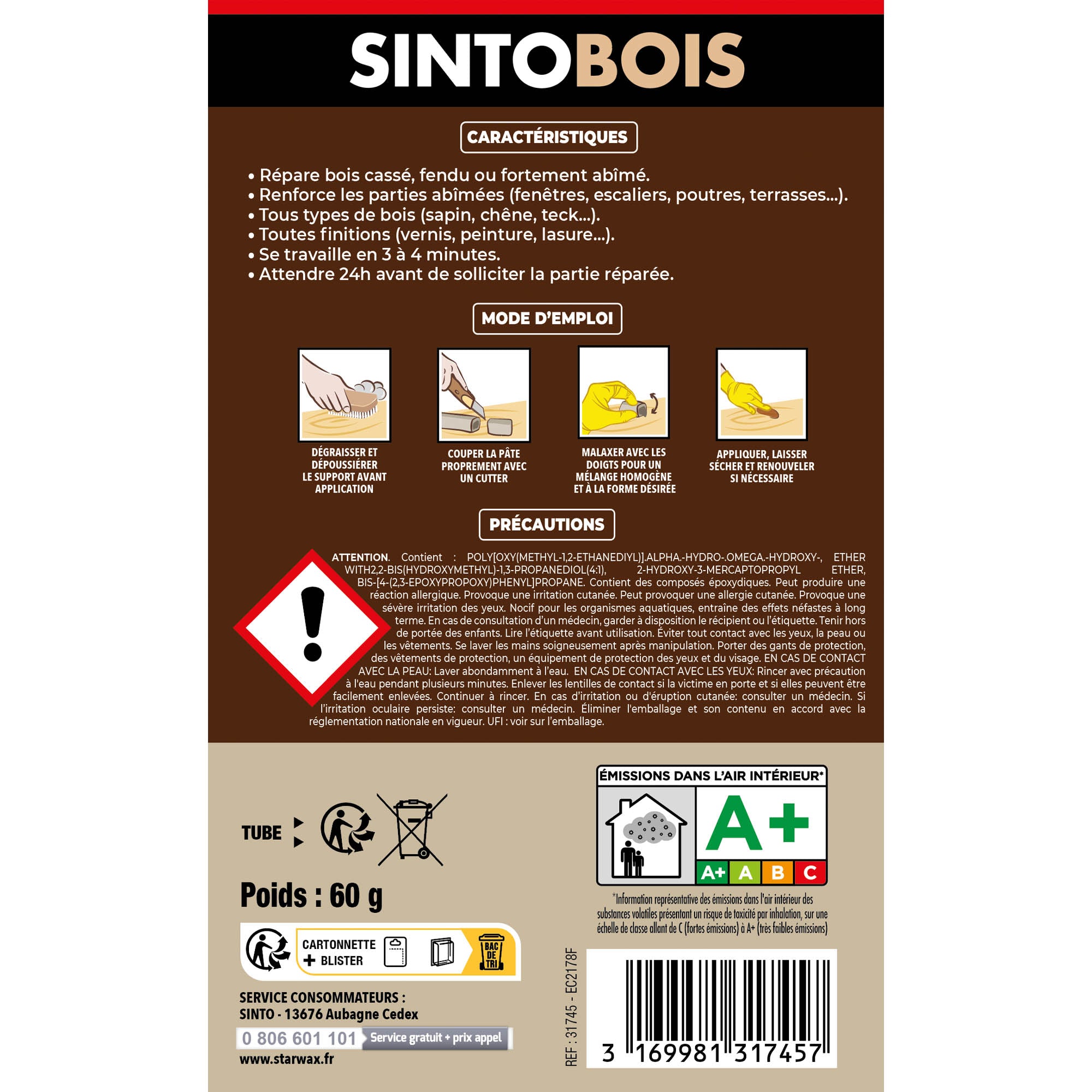 SINTO - Répare vite, pâte à réparer bois epoxy 35g Bois clair
