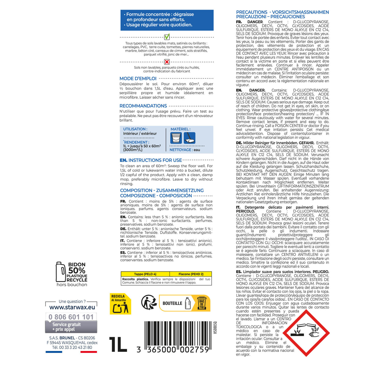STARWAX - Nettoyant doux pour sols intérieurs 1L