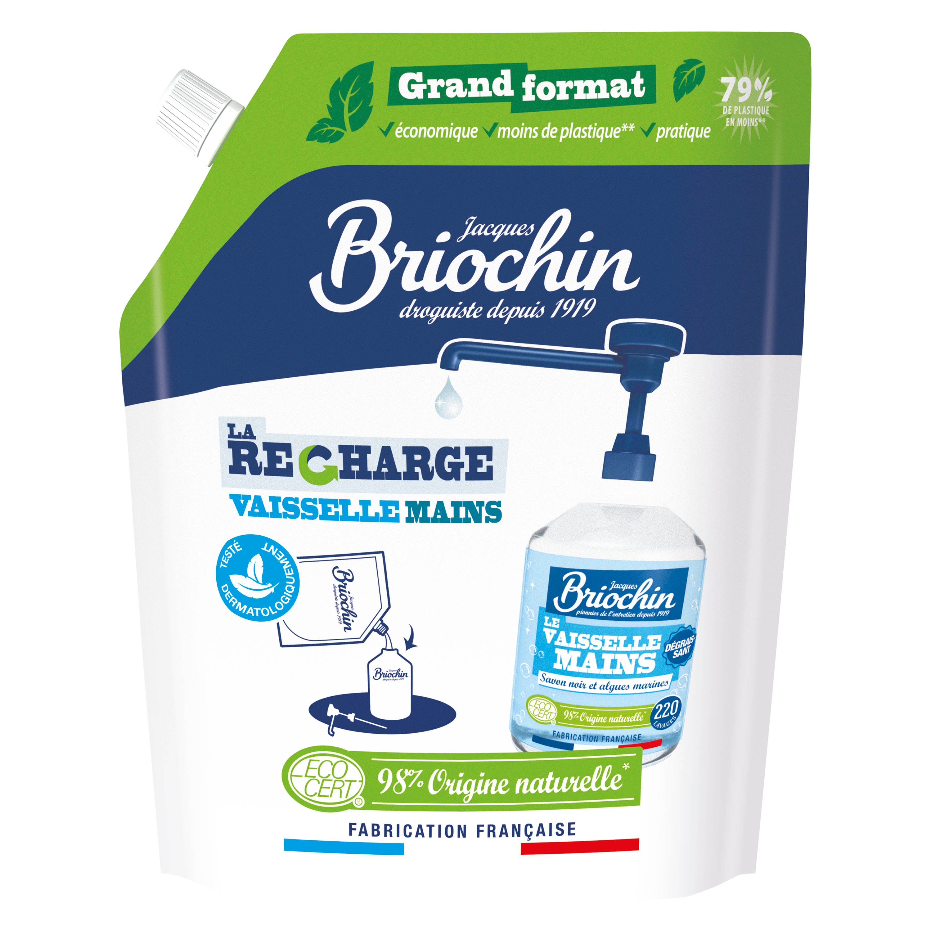 JACQUES BRIOCHIN - Recharge Liquide Vaisselle Mains Savon noir & Algues Marines grand format 900ml Algues Marines