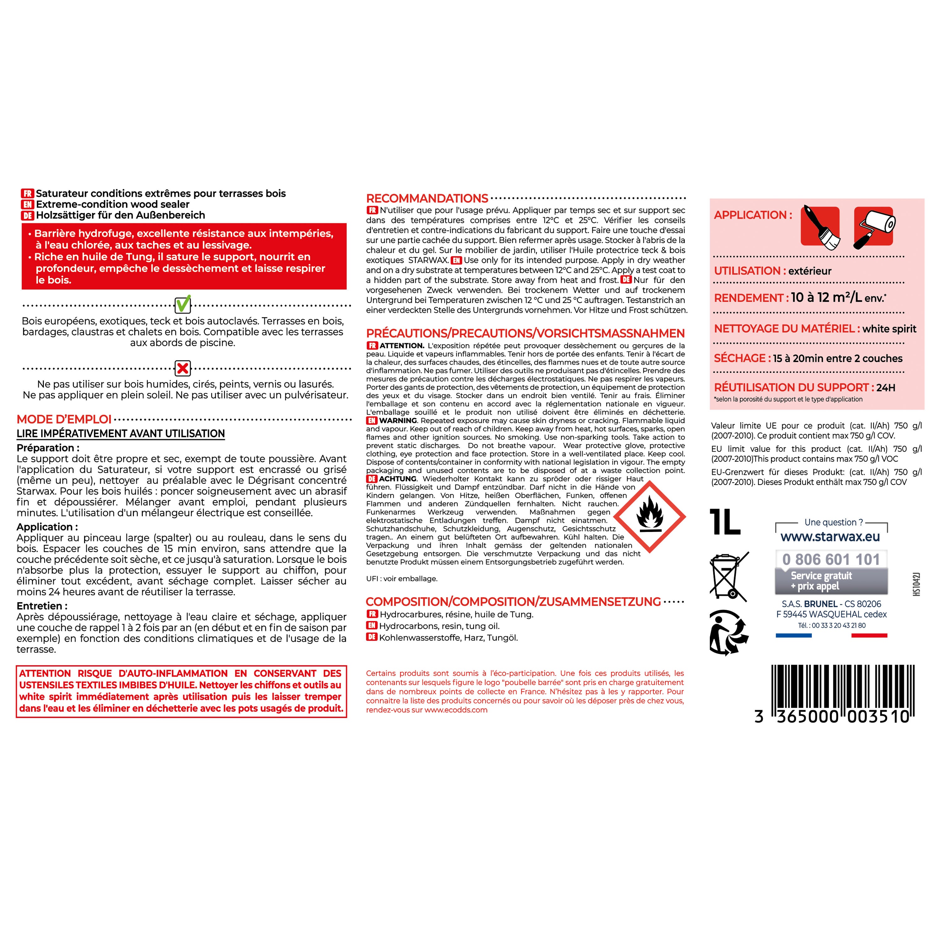 STARWAX - Saturateur bois extérieurs conditions extrêmes
1L Incolore