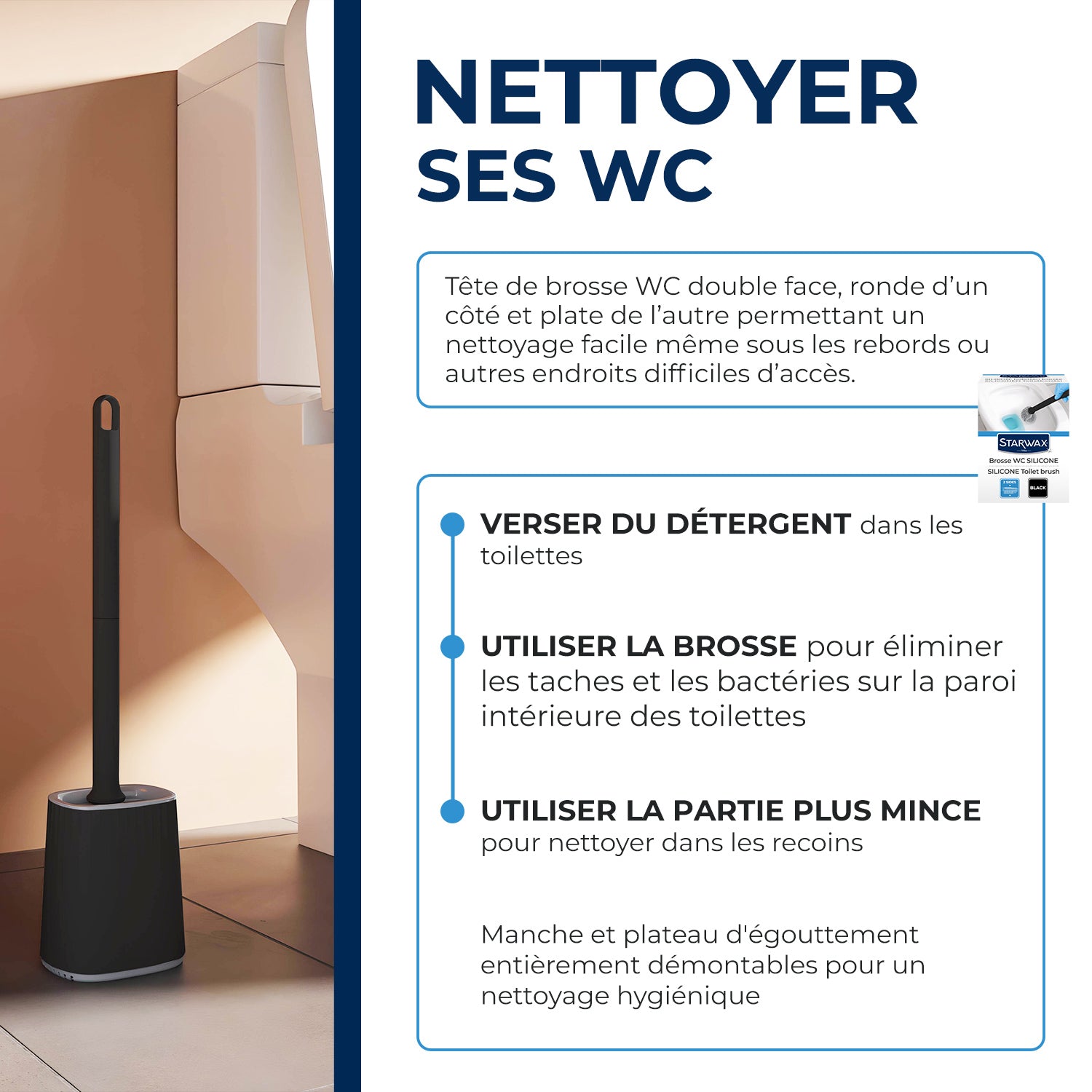 STARWAX - Balayette WC silicone avec support mural X1 Blanche