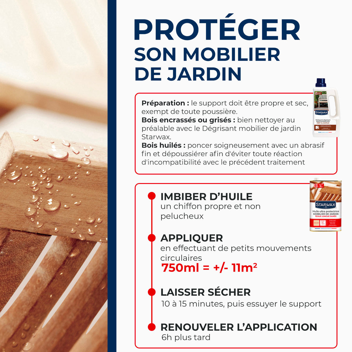 STARWAX - Huile ultra protectrice tenue longue durée pour mobilier de jardin en bois 750ml