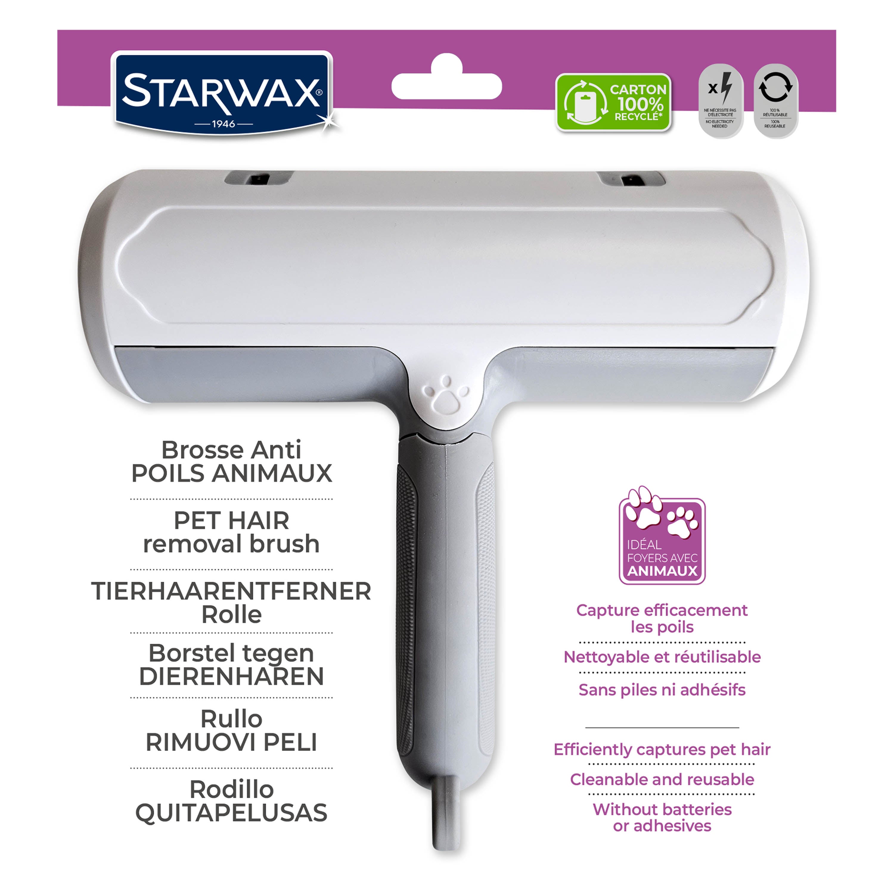 STARWAX - Brosse anti-poils animaux 1 Blanche et gris