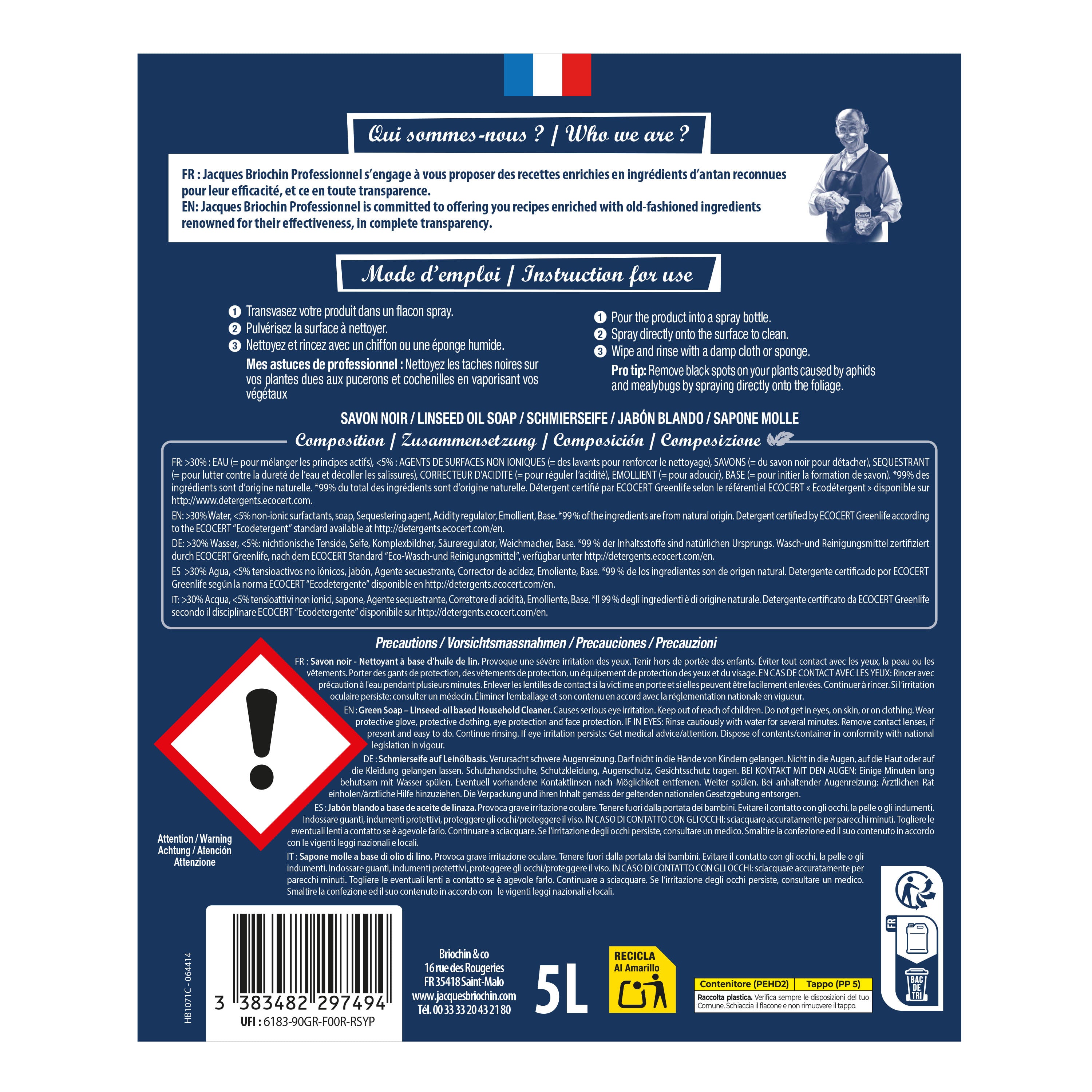 JACQUES BRIOCHIN PRO - Le Savon Noir PAE Ecocert 5L Sans parfum