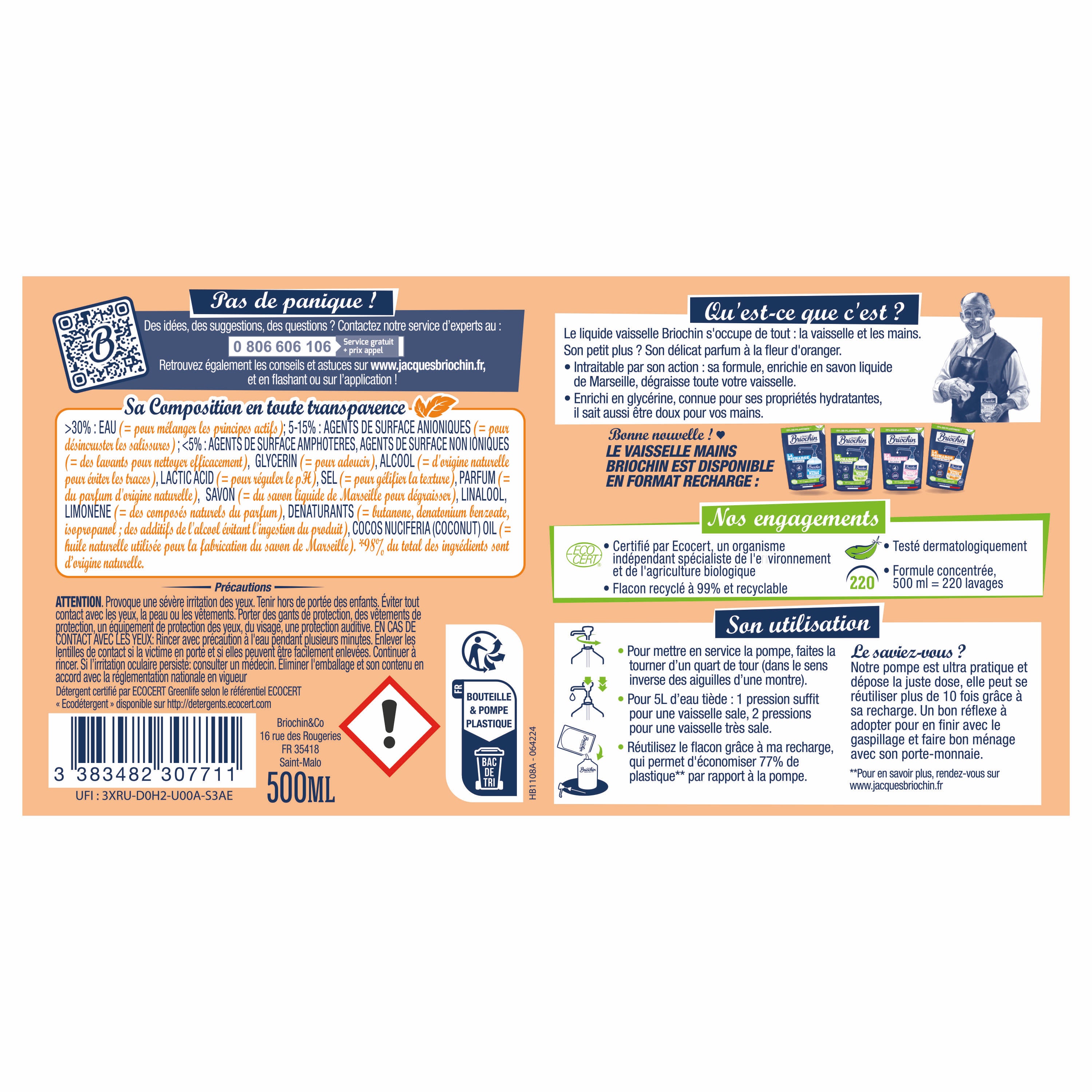 JACQUES BRIOCHIN - Liquide Vaisselle Mains Savon liquide de Marseille & fleur d'oranger 500mL Fleur d'oranger