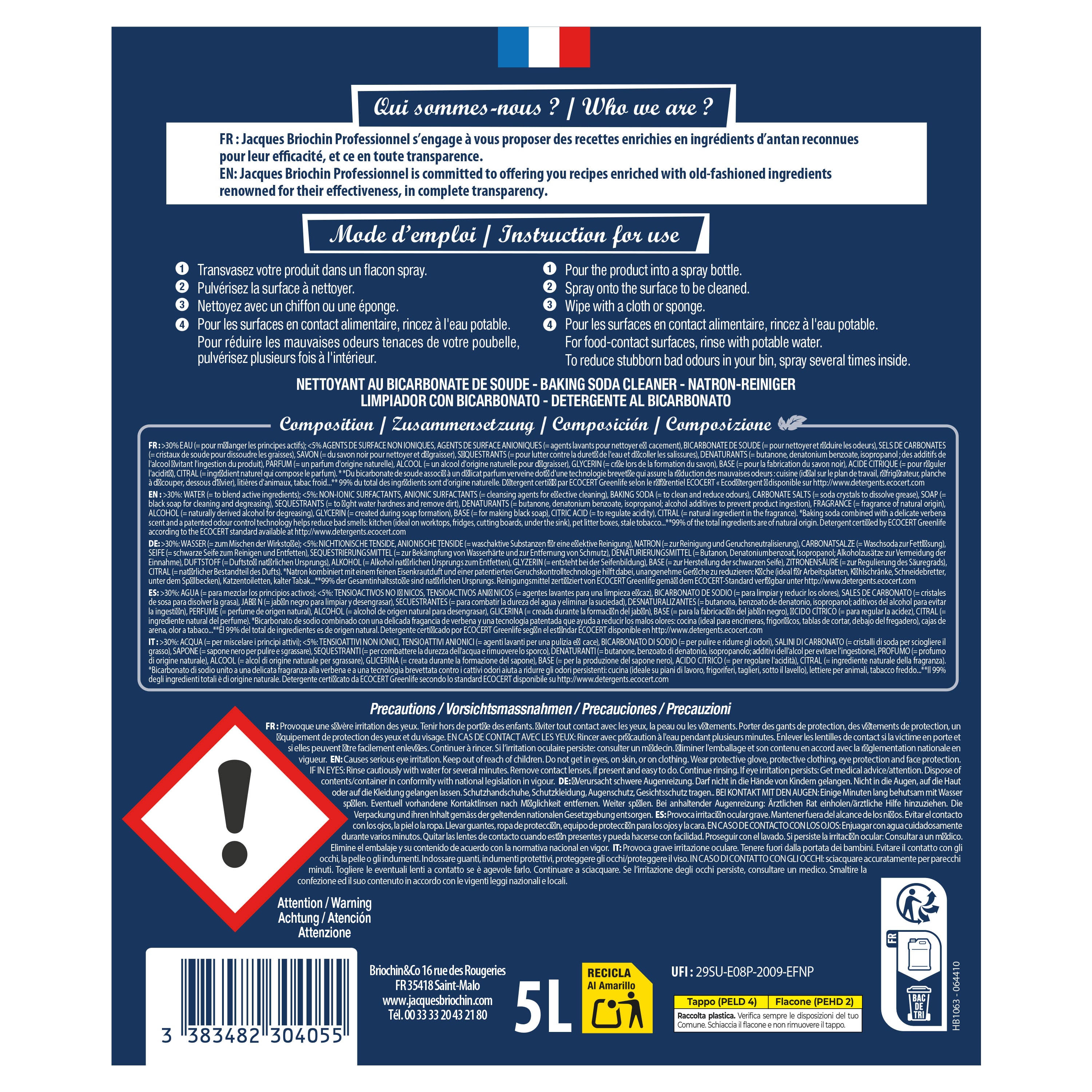 JACQUES BRIOCHIN PRO - Le Bicarbonate de Soude prêt à l'emploi 5L Parfum verveine