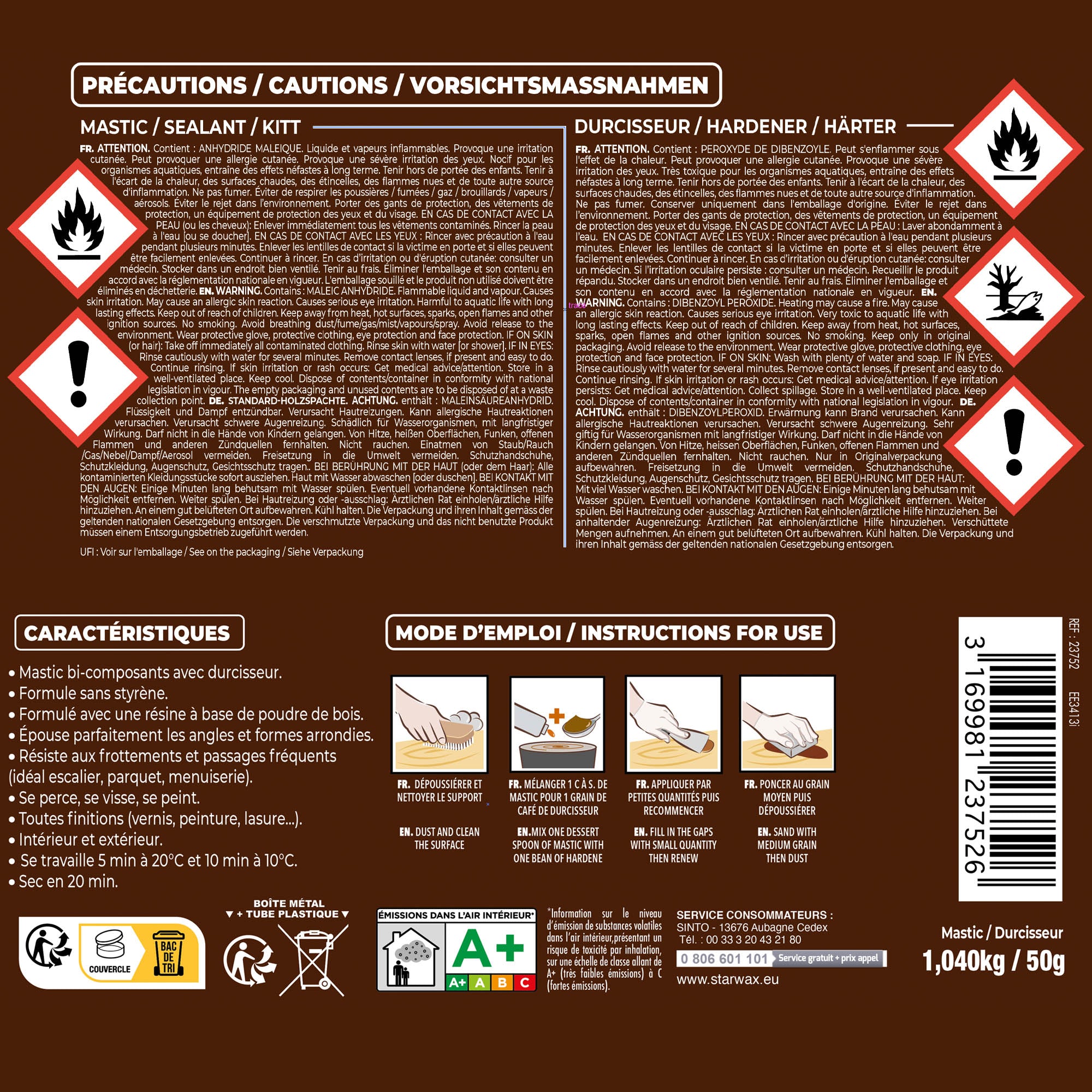SINTO - Mastic bois standard 1,09kg Chêne