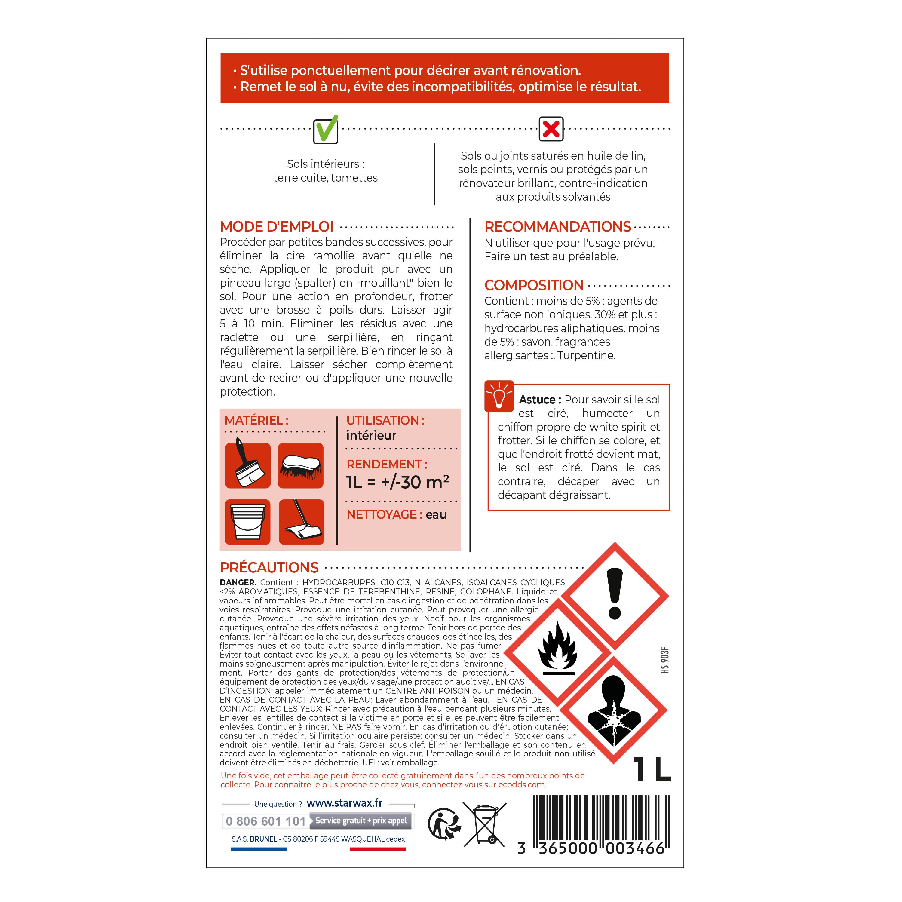 STARWAX - Décapant cire avant rénovation pour tomettes et terres cuites
1L