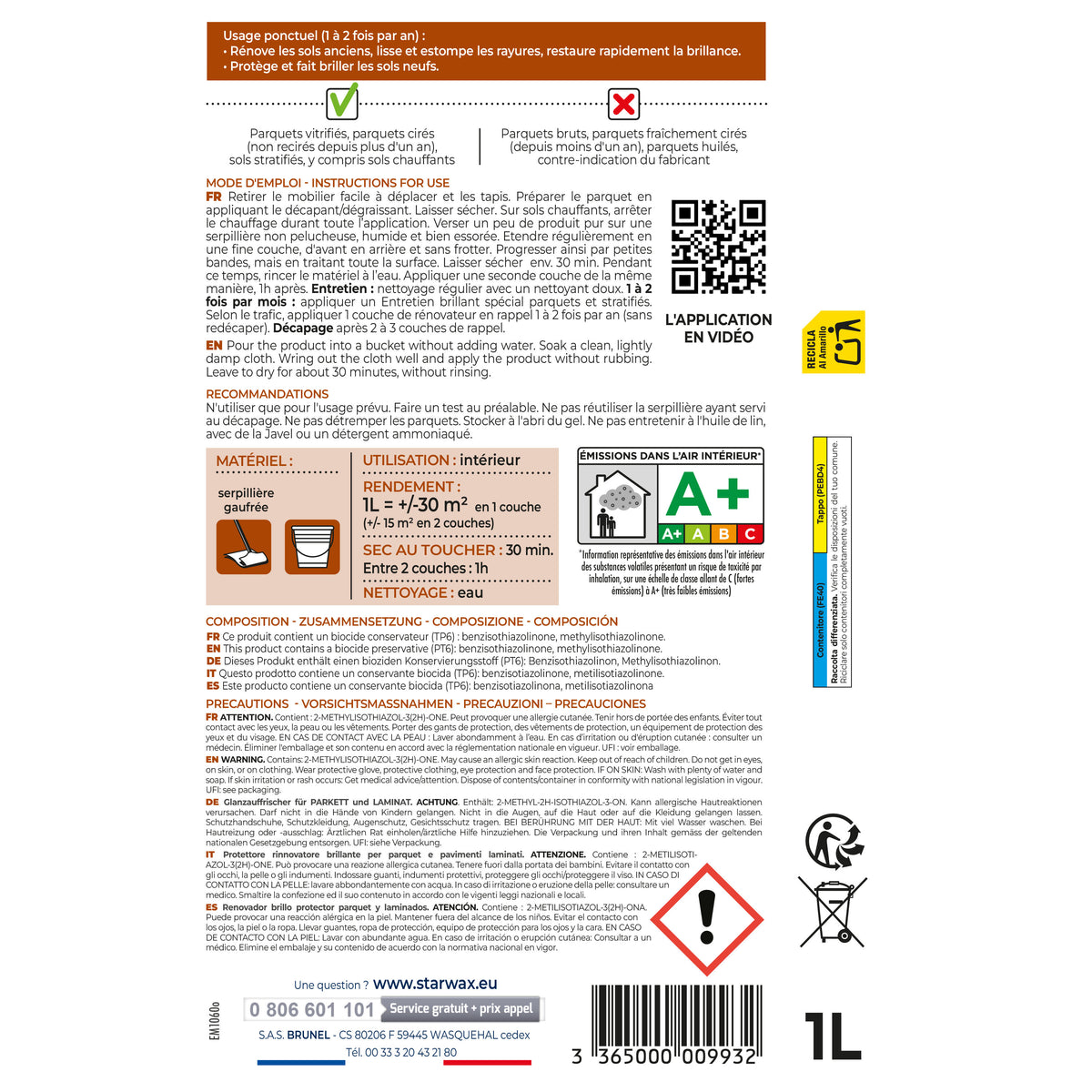 STARWAX - Rénovateur brillant protecteur pour parquets et sols stratifiés
1L