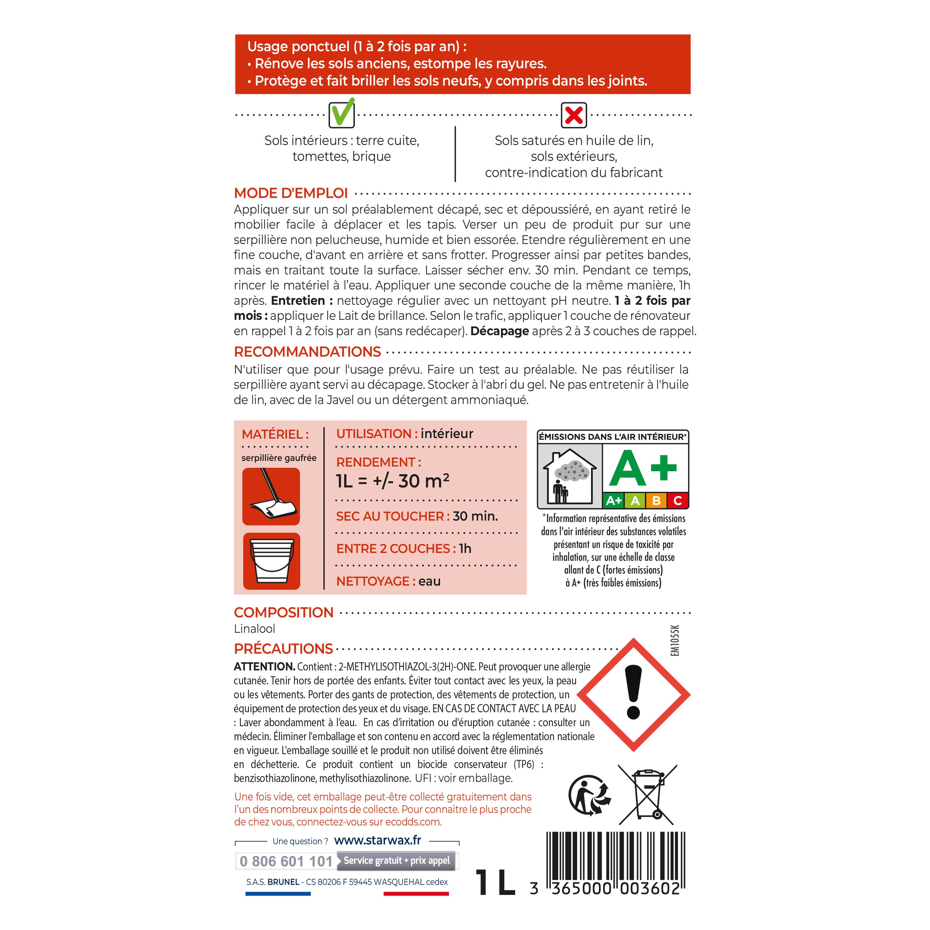 STARWAX - Rénovateur brillant protecteur pour tomettes et terres cuites 1L incolore
1L