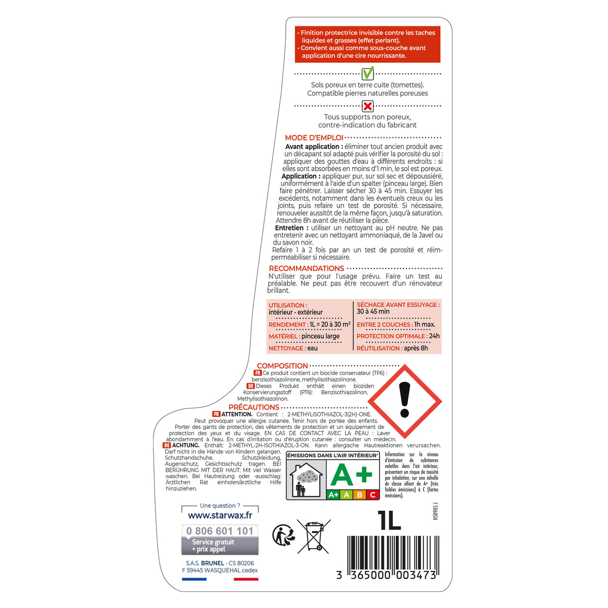 STARWAX - Imperméabilisant terre cuite poreuse 1L