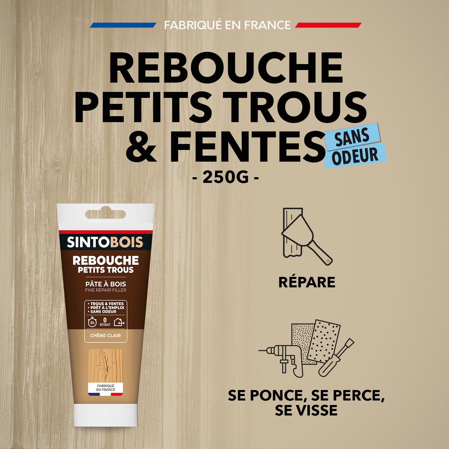 SINTO - Rebouche imperfections - Pâte à bois naturel 80g Blanc