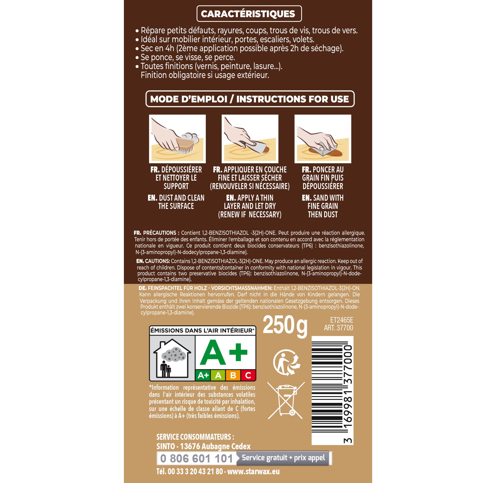 SINTO - Rebouche imperfections - Pâte à bois naturel 80g Blanc