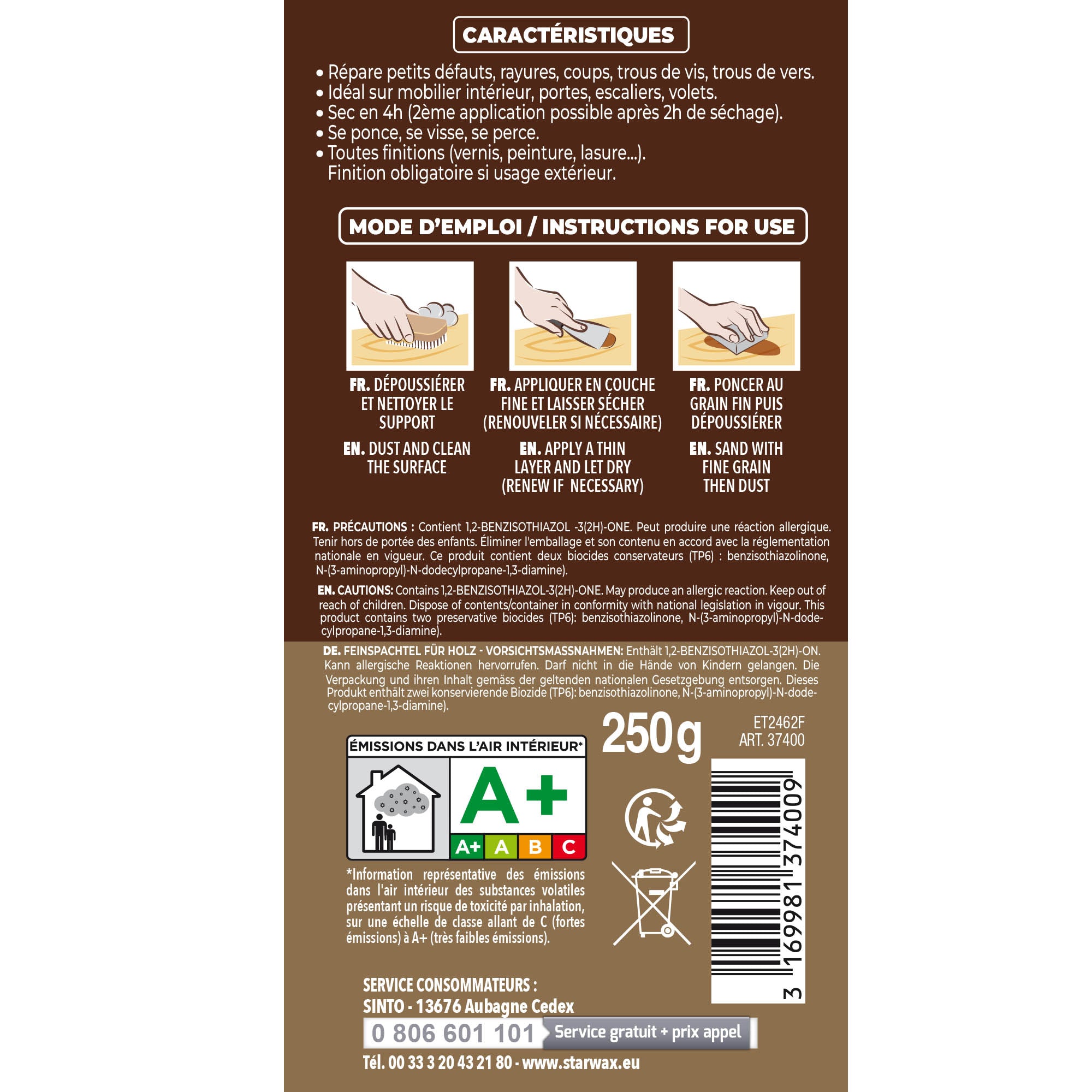SINTO - Rebouche imperfections - Pâte à bois naturel 80g Blanc