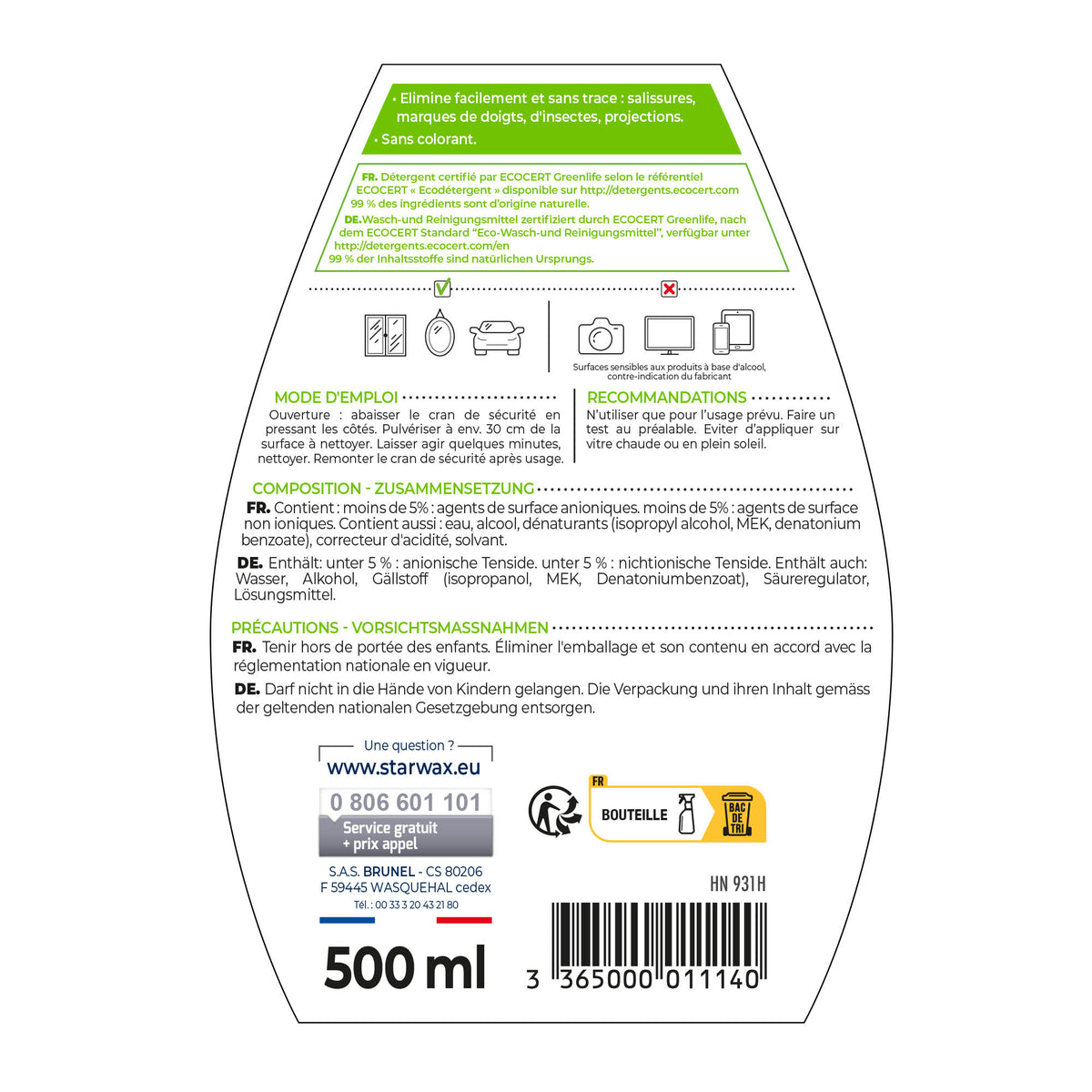 STARWAX SOLUVERT - Nettoyant spécial vitres et miroirs
500ml