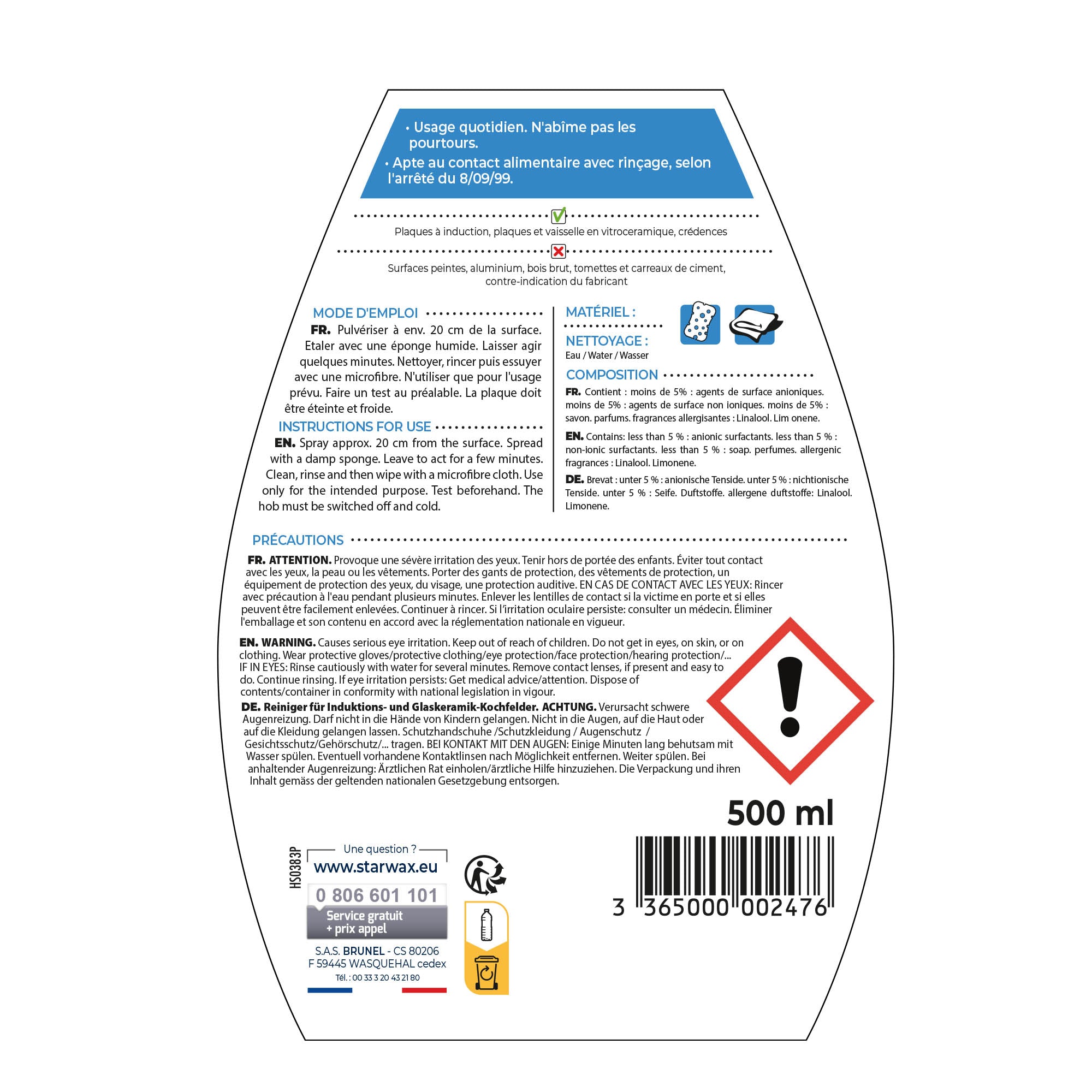 STARWAX - Nettoyant quotidien pour vitrocéramique et induction 500ml