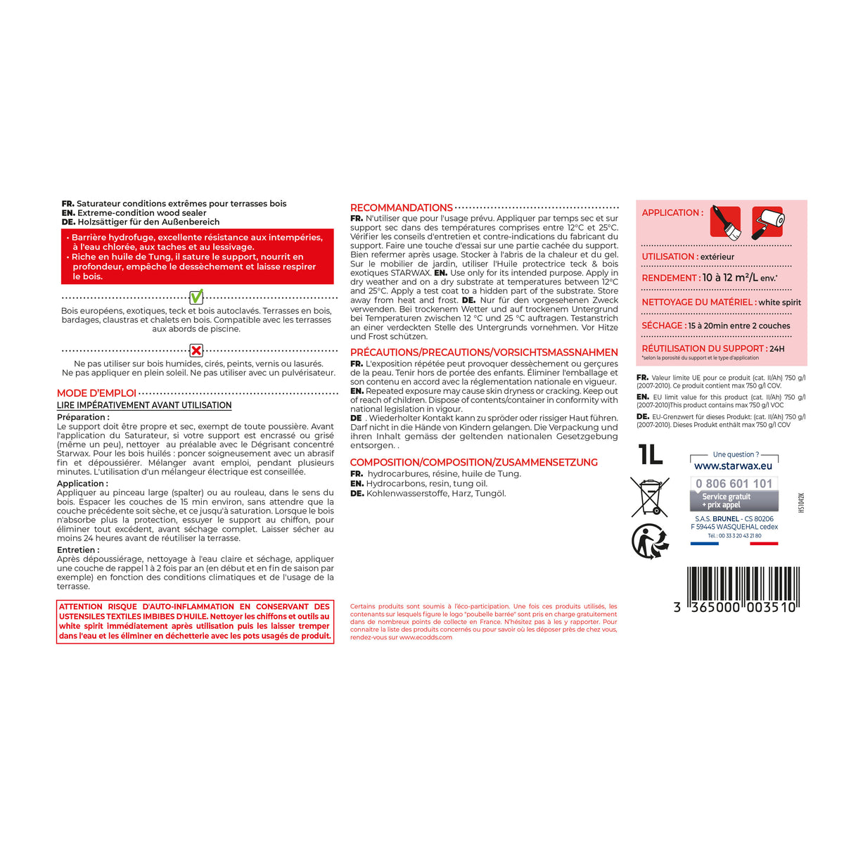 STARWAX - Saturateur bois extérieurs conditions extrêmes
1L Incolore