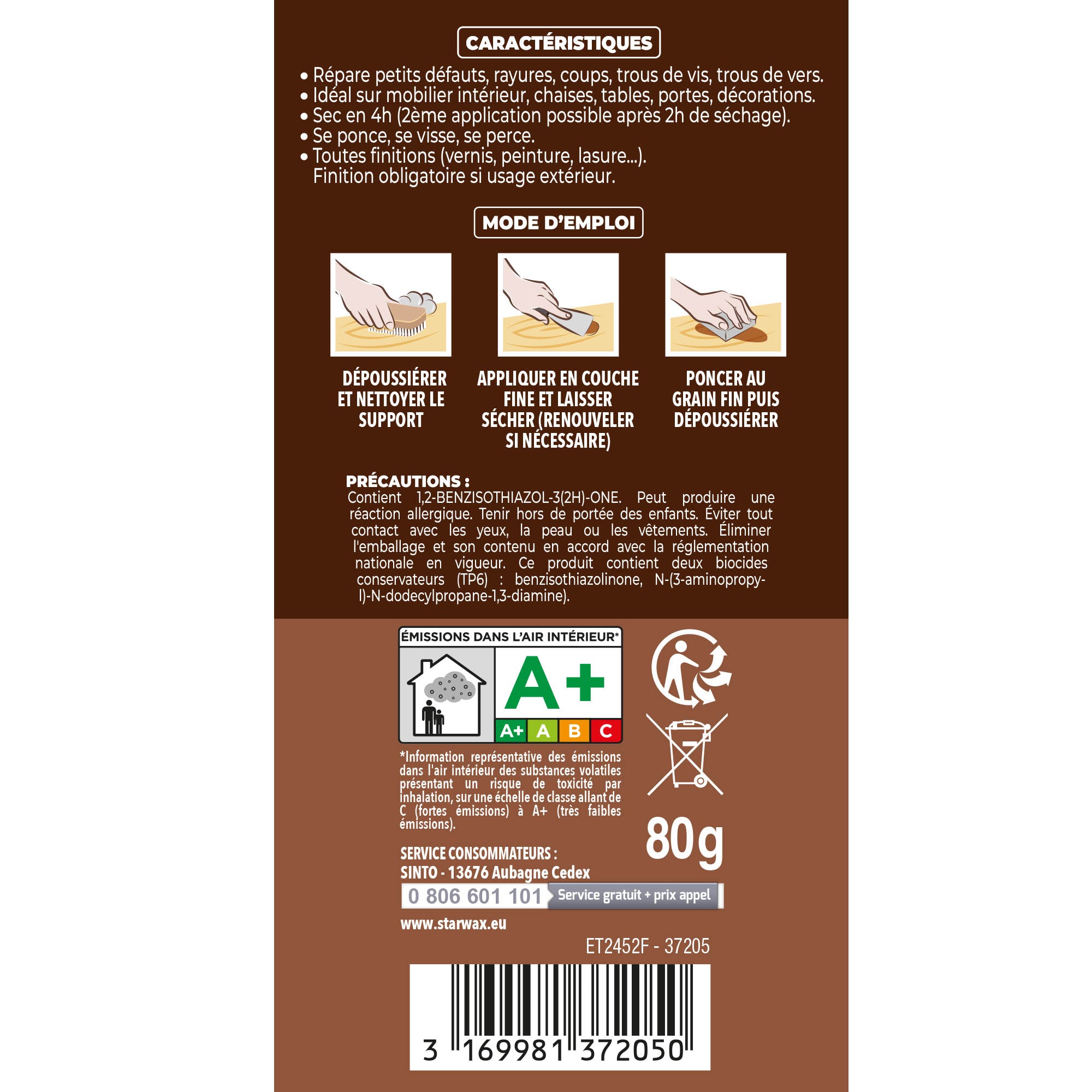 SINTO - Rebouche imperfections - Pâte à bois naturel 80g Blanc