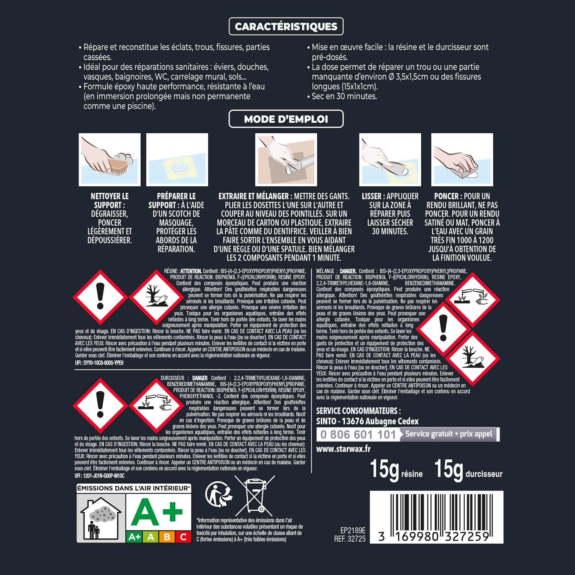 SINTO - Répare faïence, émail, céramique 15g Blanc