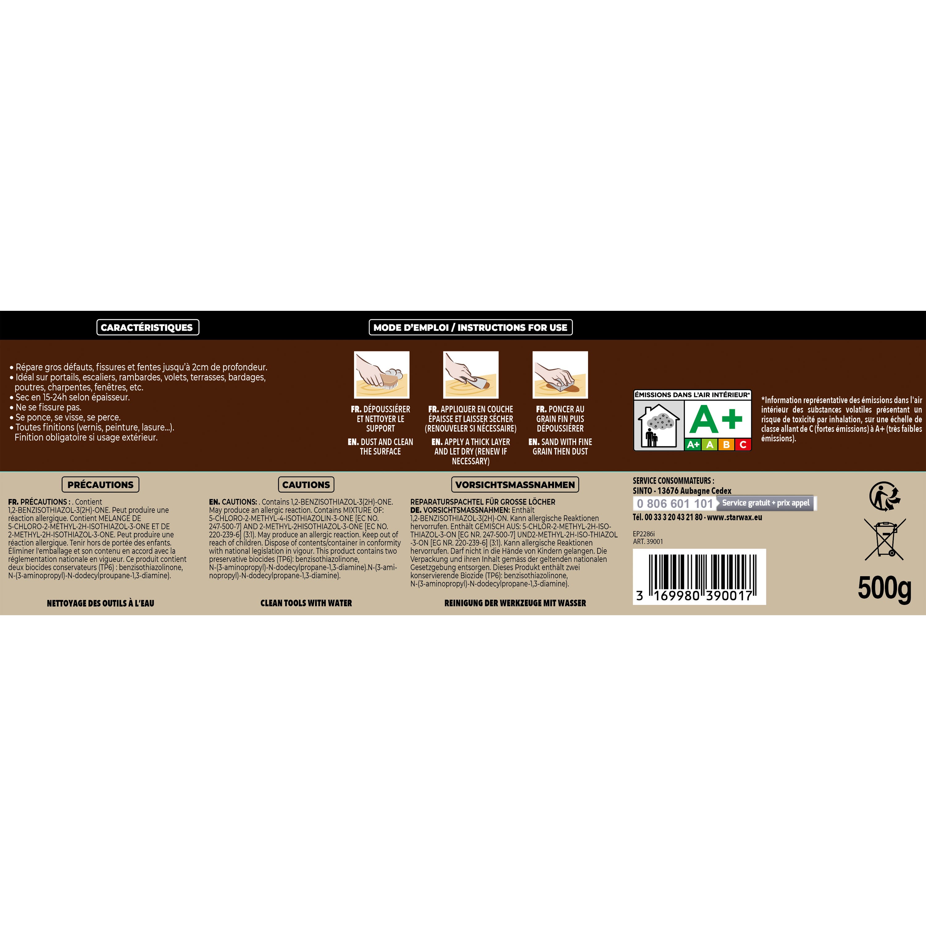 SINTO - Reboucher gros trous et fissures dans le bois clair 330g Bois clair