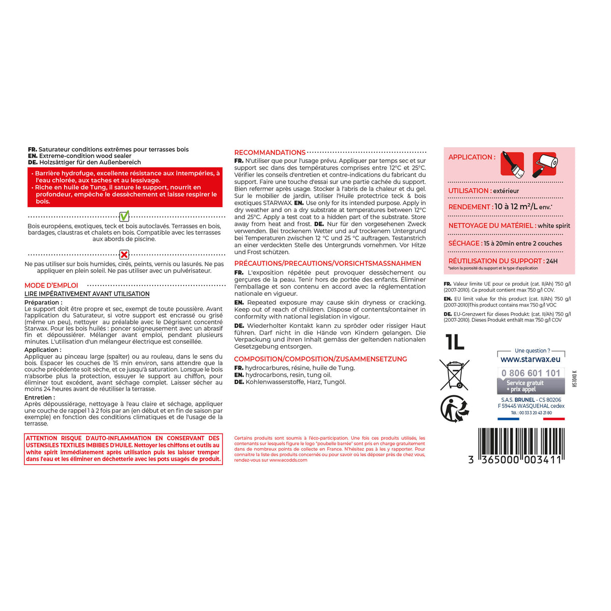 STARWAX - Saturateur bois extérieurs conditions extrêmes
1L Incolore