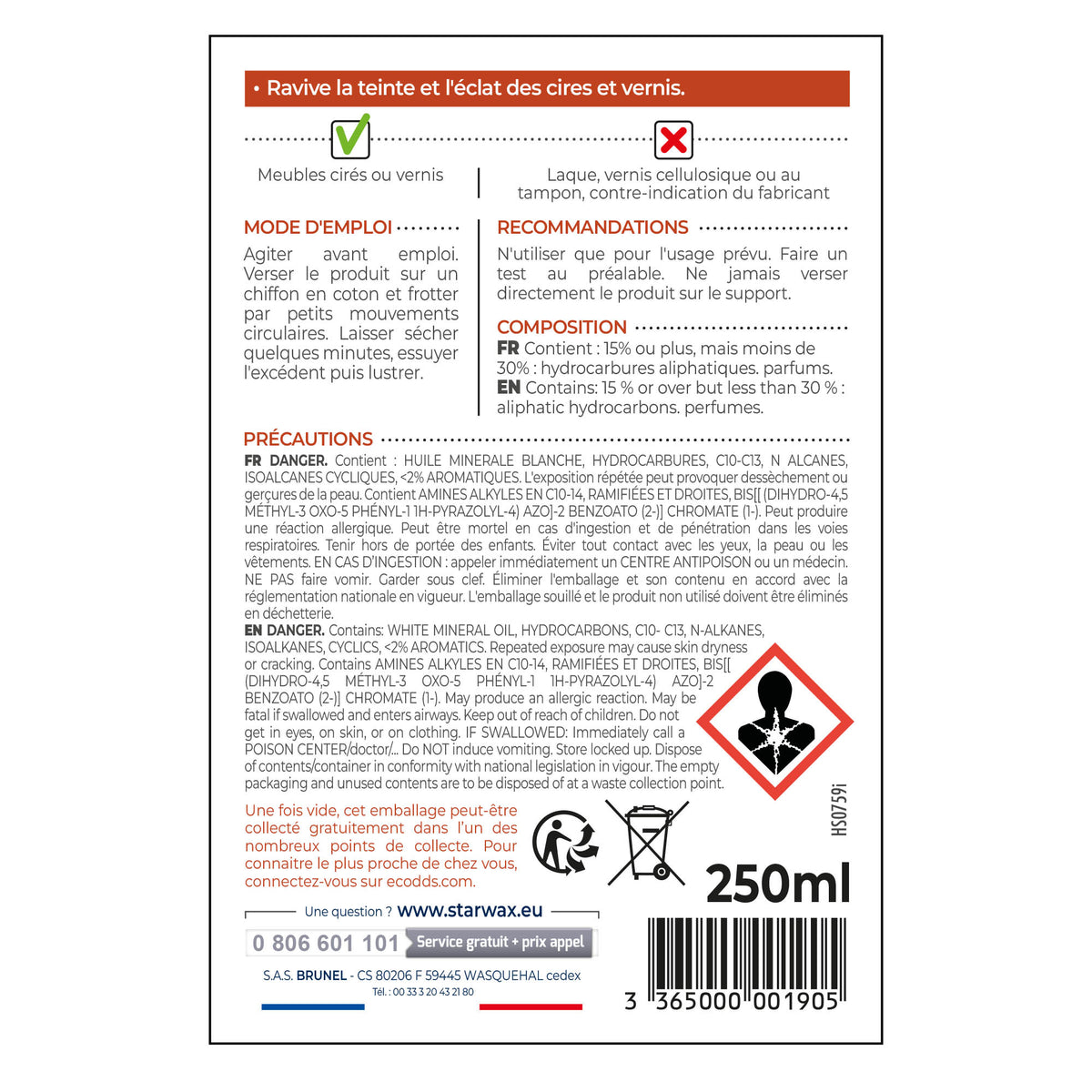 STARWAX - Régénérateur pour meubles cirés et vernis 250ml Bois clair