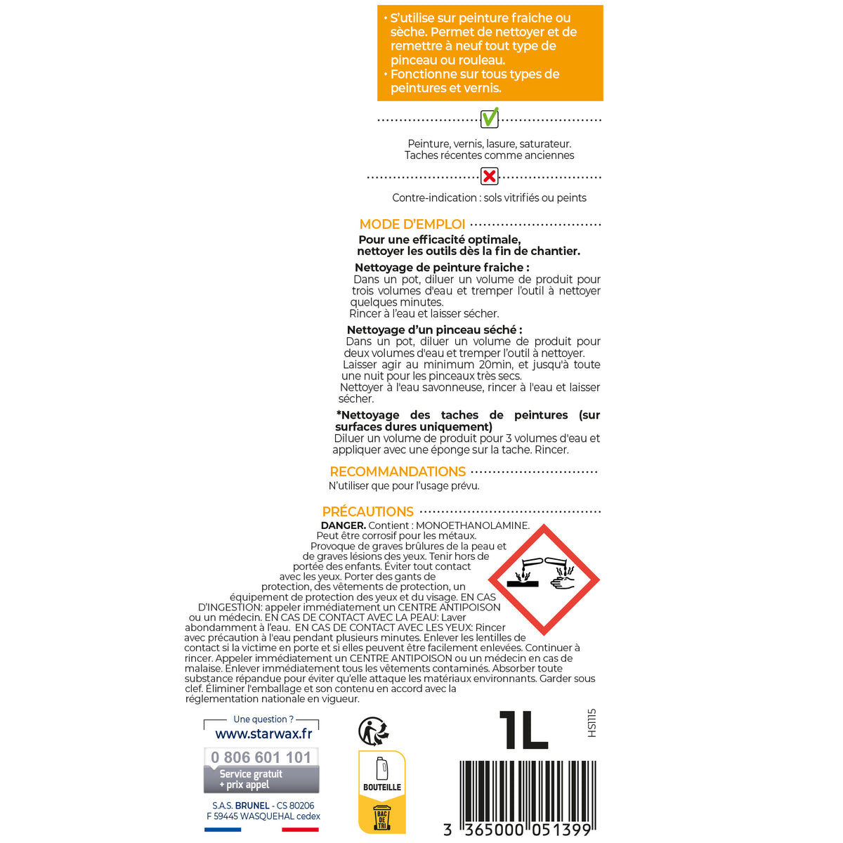 STARWAX - Nettoyant rénovateur pinceaux, rouleaux et outils 1L 1L