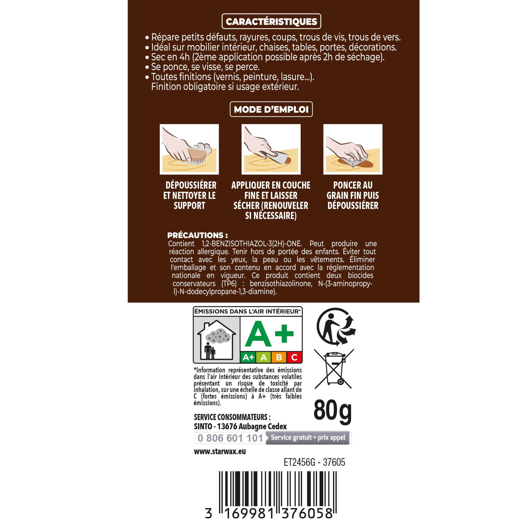 SINTO - Rebouche imperfections - Pâte à bois naturel 80g Blanc