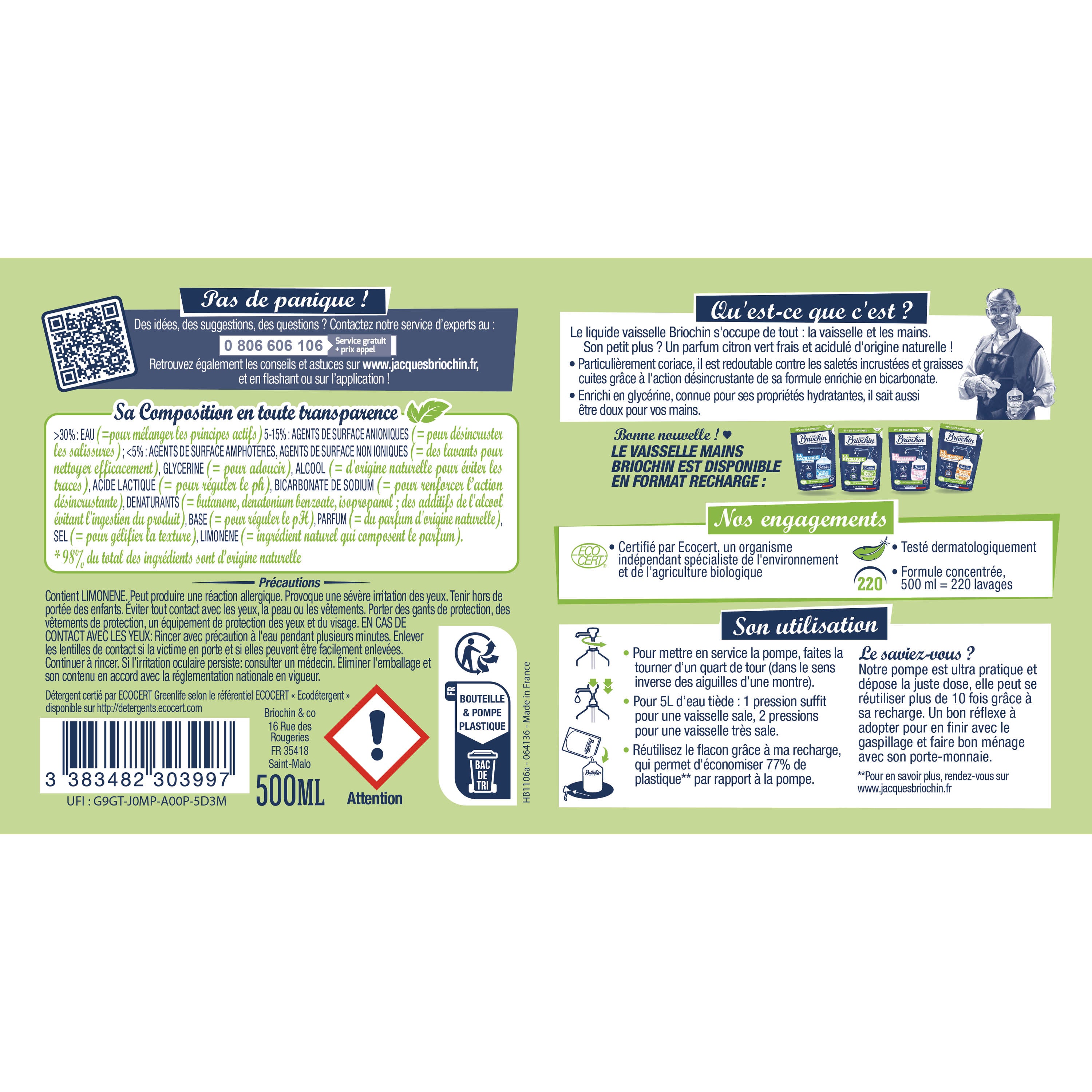 JACQUES BRIOCHIN - Liquide Vaisselle Mains Bicarbonate de soude & Citron vert 500ml Citron Vert