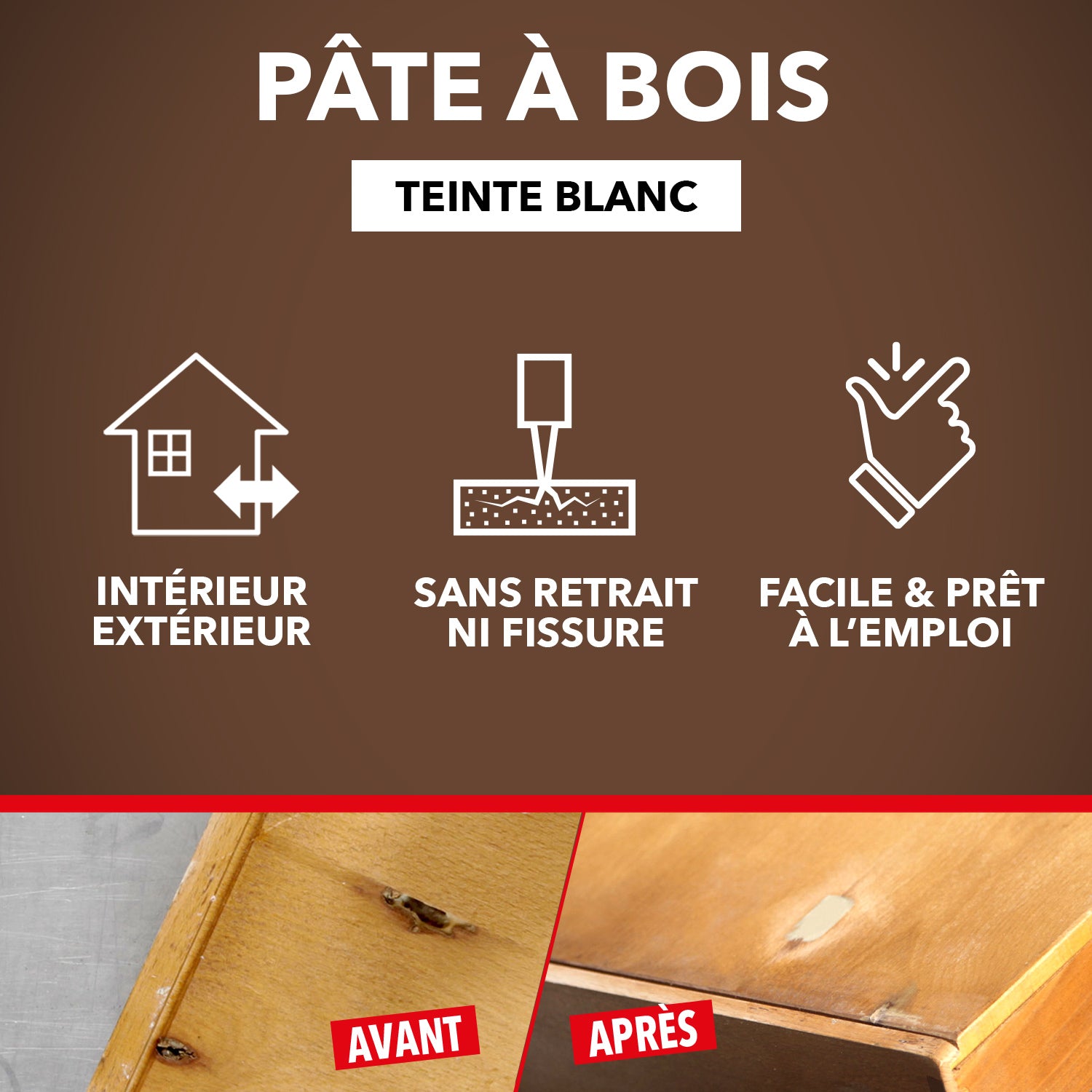 SINTO - Rebouche imperfections - Pâte à bois naturel 80g Blanc