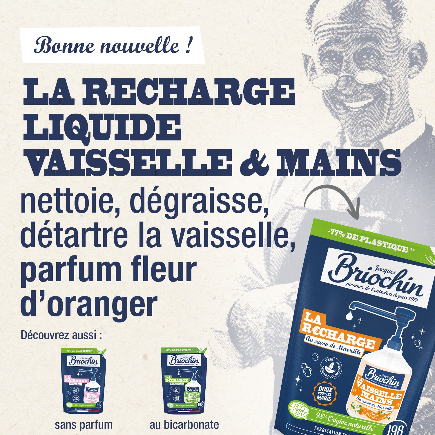 JACQUES BRIOCHIN - Recharge liquide Vaisselle Mains Savon liquide de Marseille 500ml Fleur d'oranger