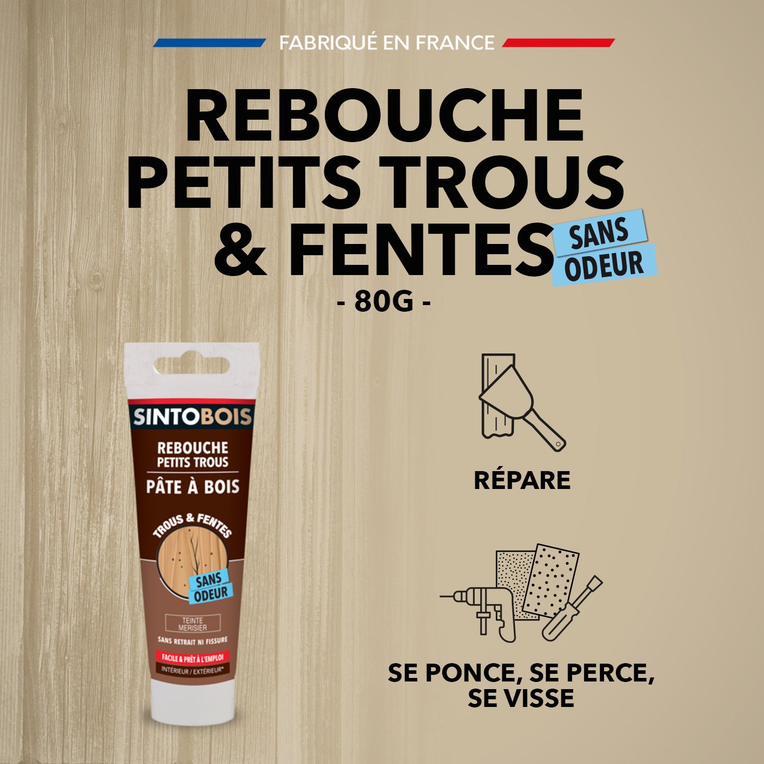 SINTO - Rebouche imperfections - Pâte à bois naturel 80g Blanc