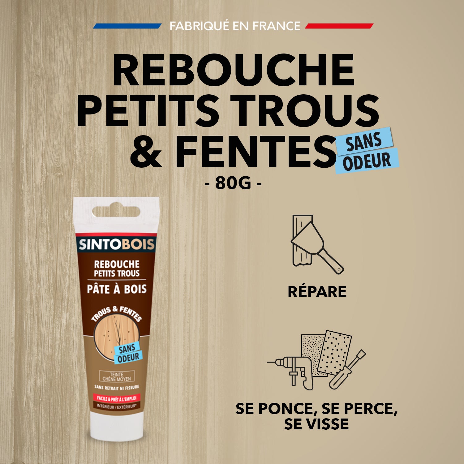 SINTO - Rebouche imperfections - Pâte à bois naturel 80g Blanc