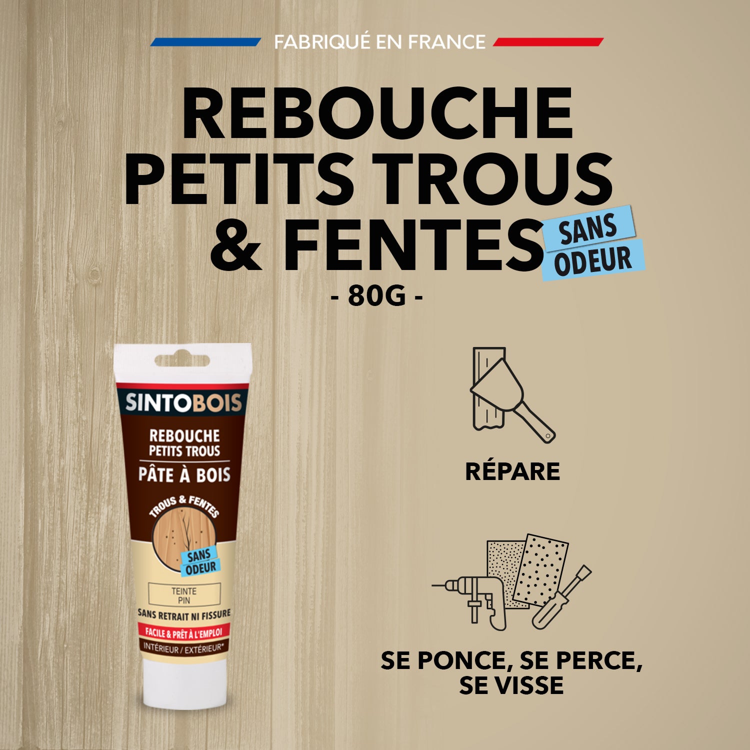 SINTO - Rebouche imperfections - Pâte à bois naturel 80g Blanc