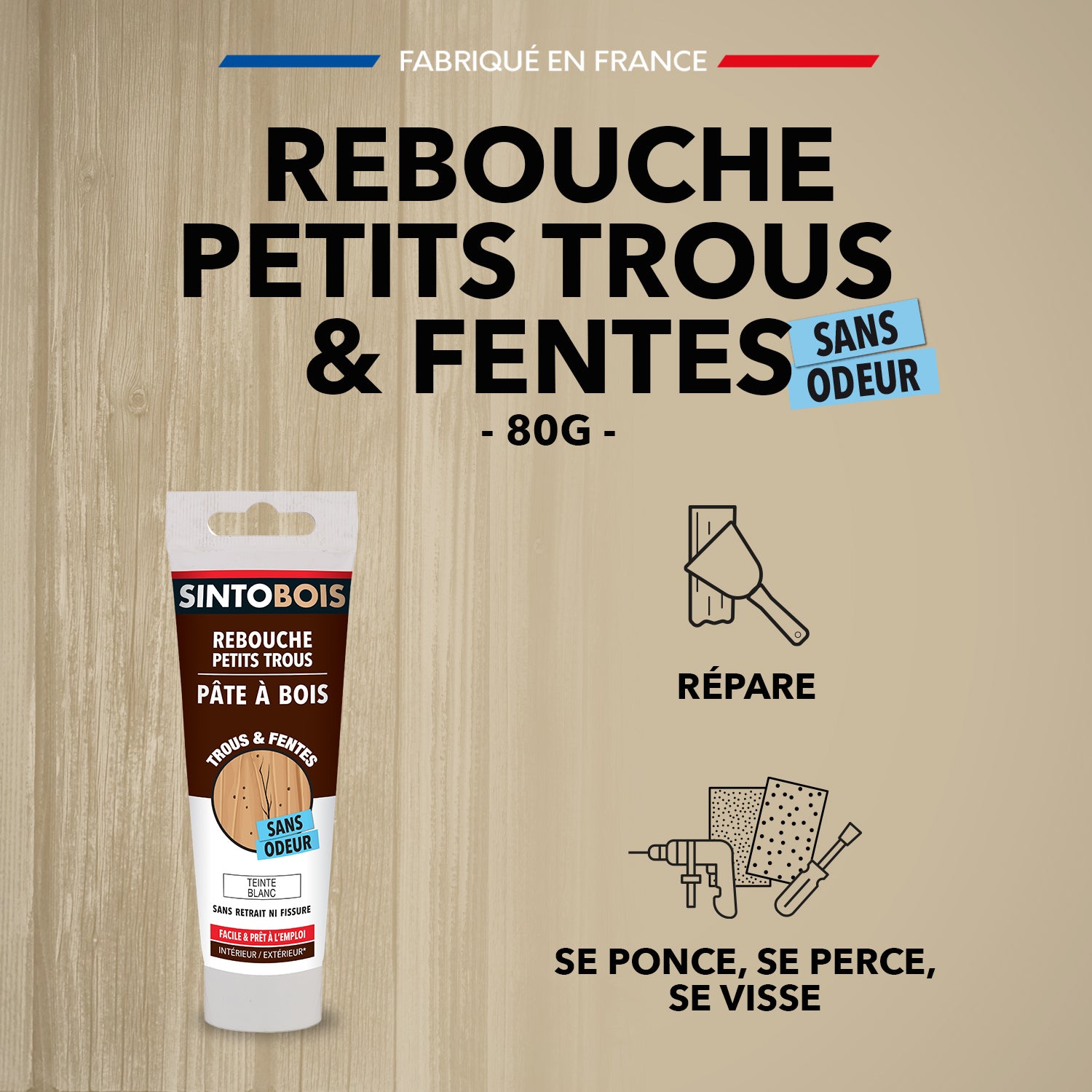 SINTO - Rebouche imperfections - Pâte à bois naturel 80g Blanc