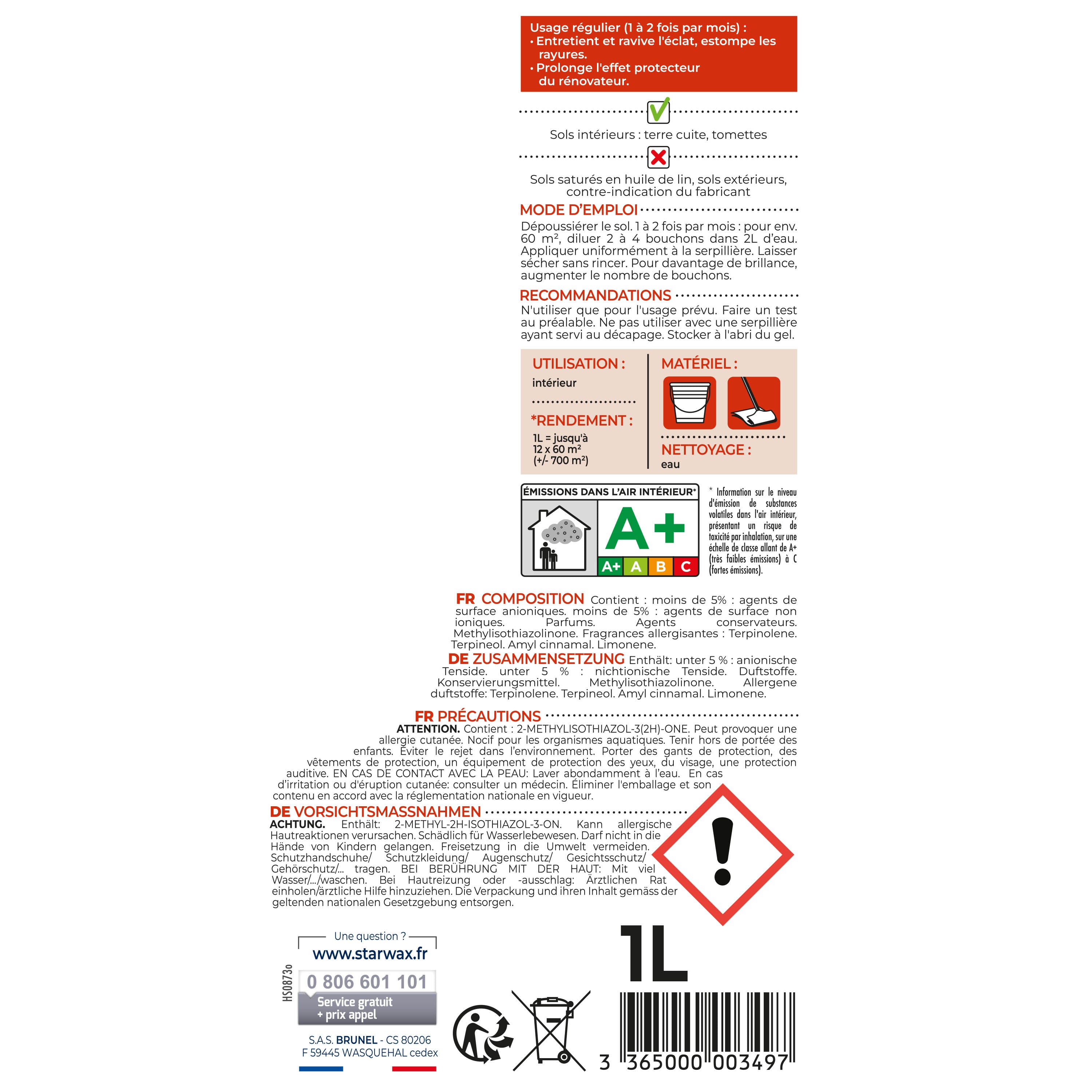 STARWAX - Lait de brillance pour tomettes et terres cuites
1L