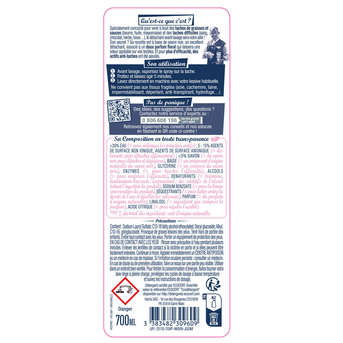 JACQUES BRIOCHIN - Le détachant avant lavage au Savon Noir 700ml Parfum floral