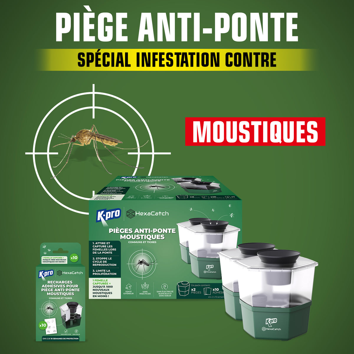 K.PRO - Pack de 2 Pièges anti-ponte moustiques communs et tigres  + 10 adhésifs 2 Pièges + 10 adhésifs