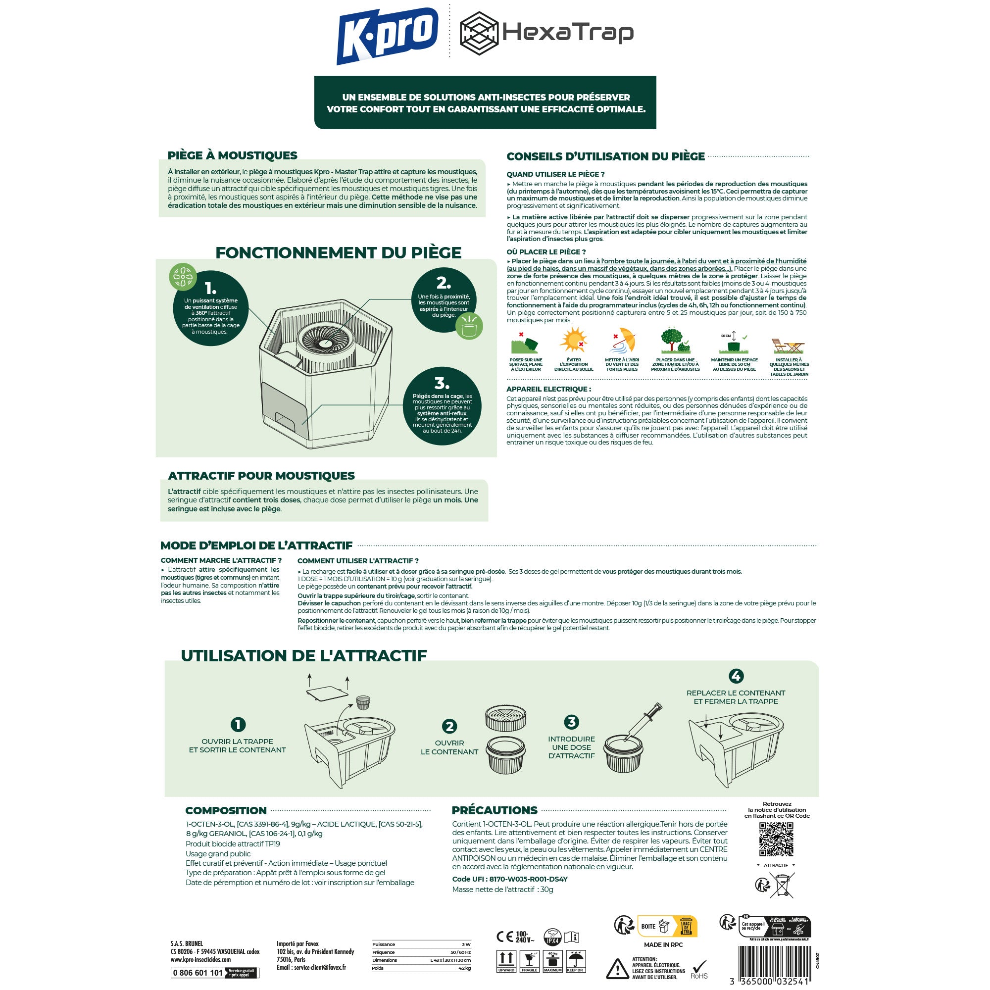 K.PRO - Piège électrique à moustiques et moustiques tigres  + 1 seringue d'attractif 1 Piège + 1 seringue d'attractif