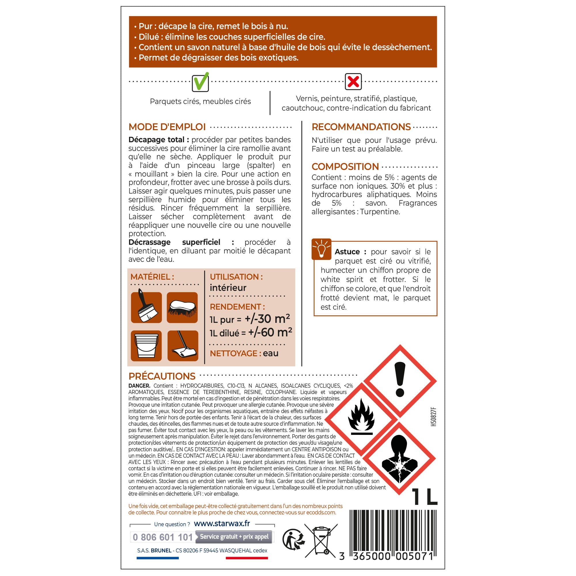 STARWAX - Décapant cire pour parquets cirés 1L