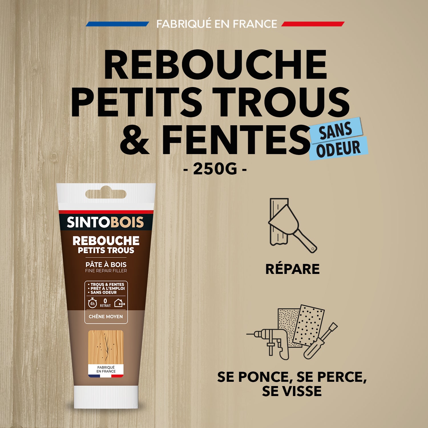 SINTO - Rebouche imperfections -  Pâte à bois naturel 80g Blanc