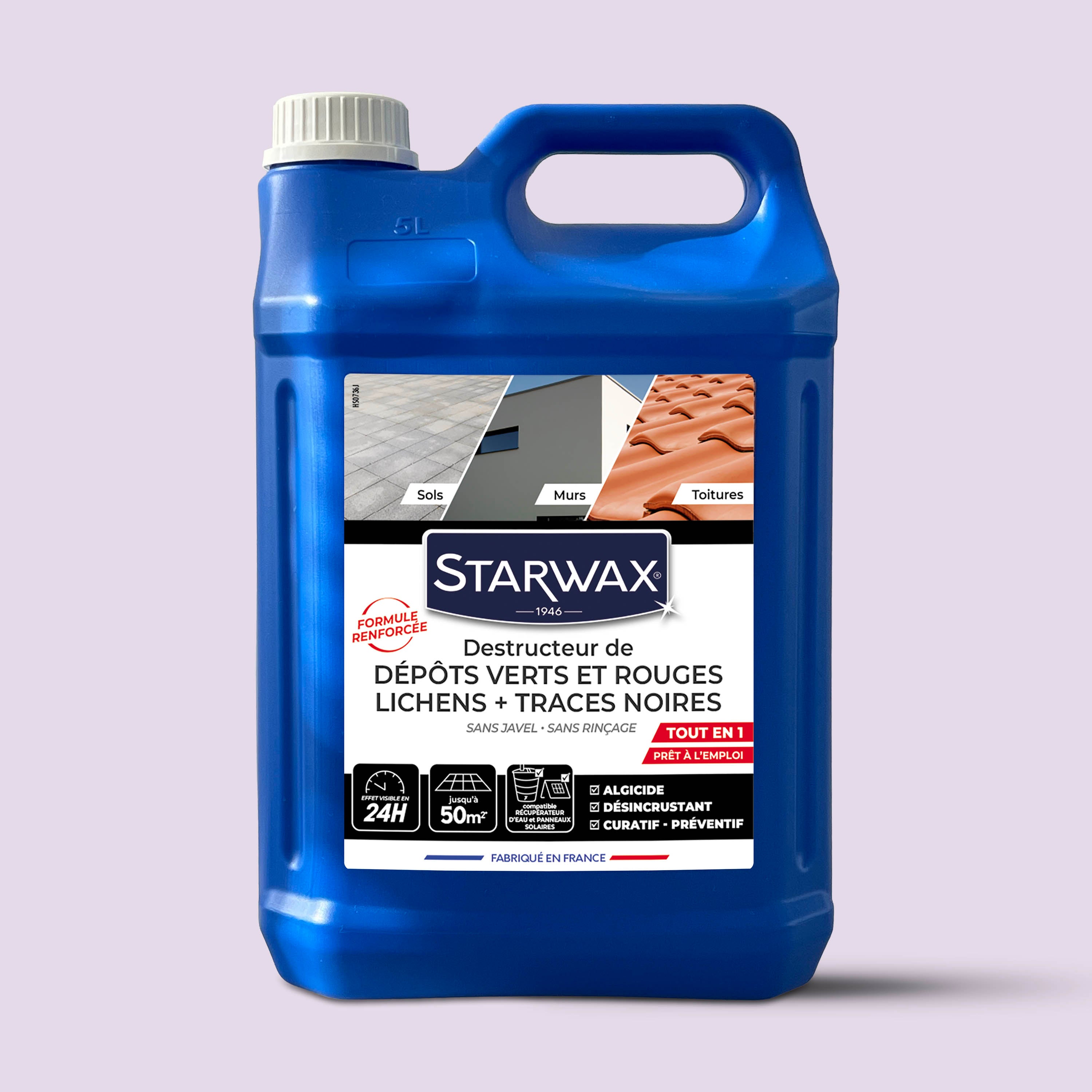 STARWAX - Destructeur de dépôts verts, rouges, lichens et traces noires prêt à l'emploi pour toitures, murs et sols extérieurs 1L