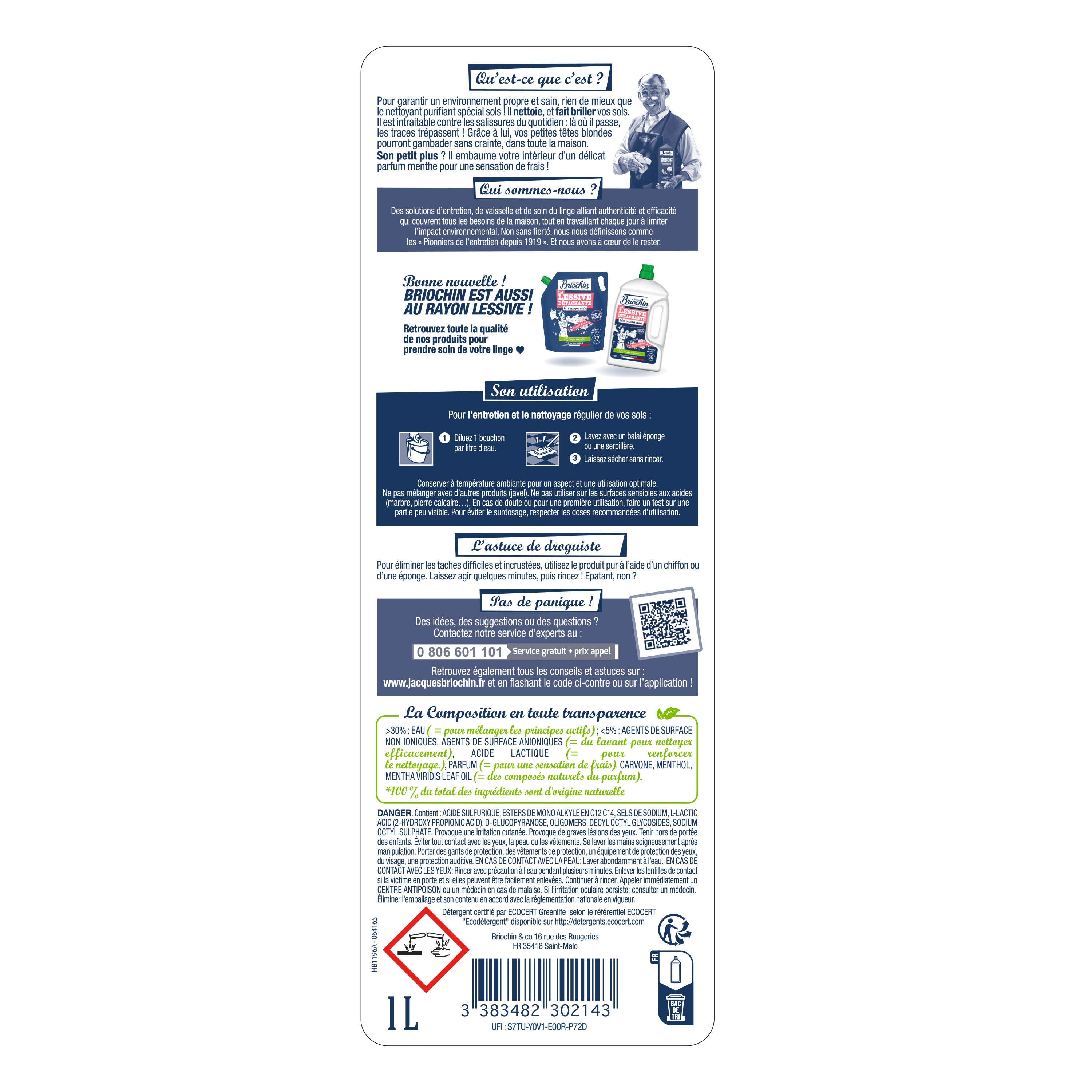 JACQUES BRIOCHIN - Nettoyant purifiant Sols et surfaces 1L Menthe eucalyptus