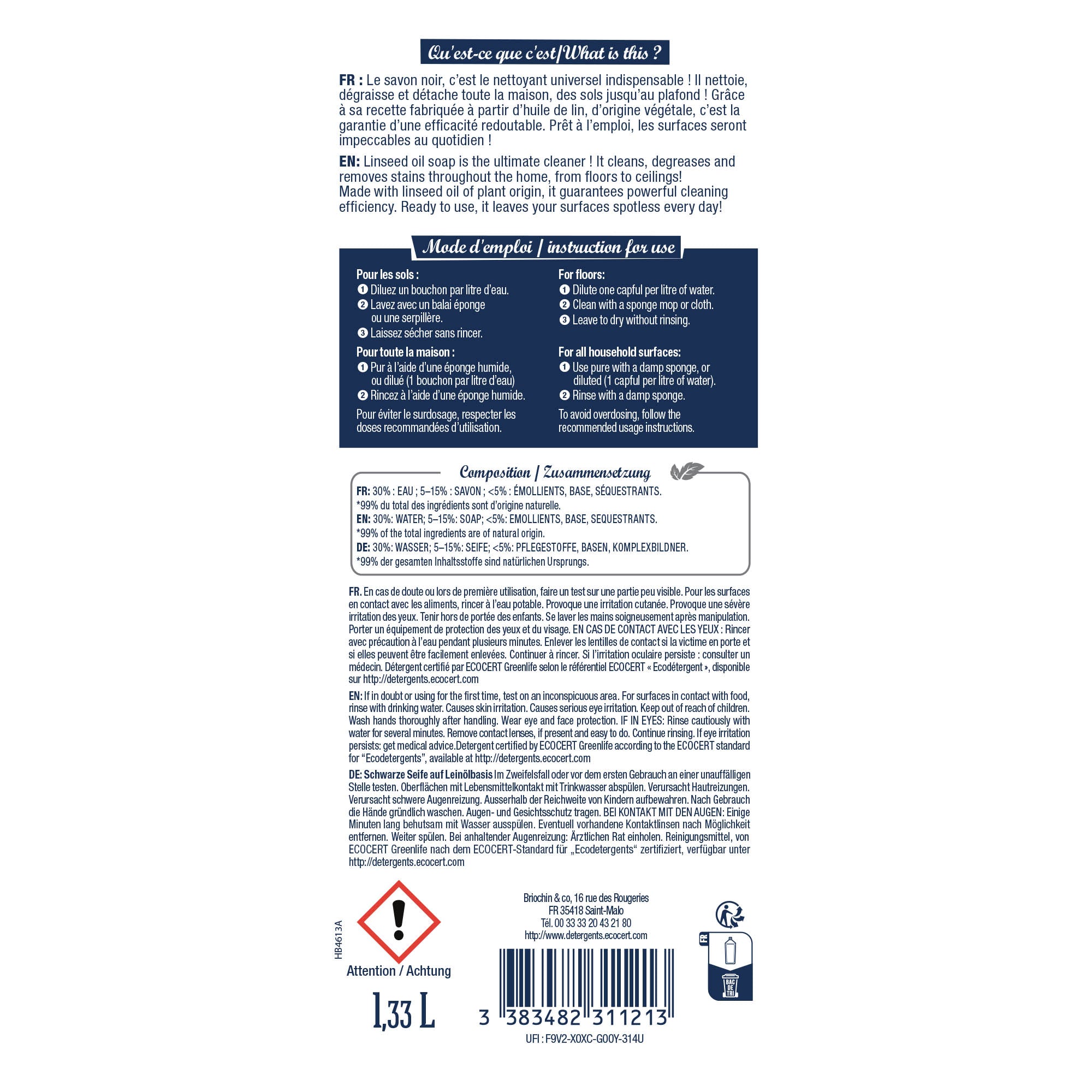 JACQUES BRIOCHIN - Savon noir liquide 1,33L Sans parfum