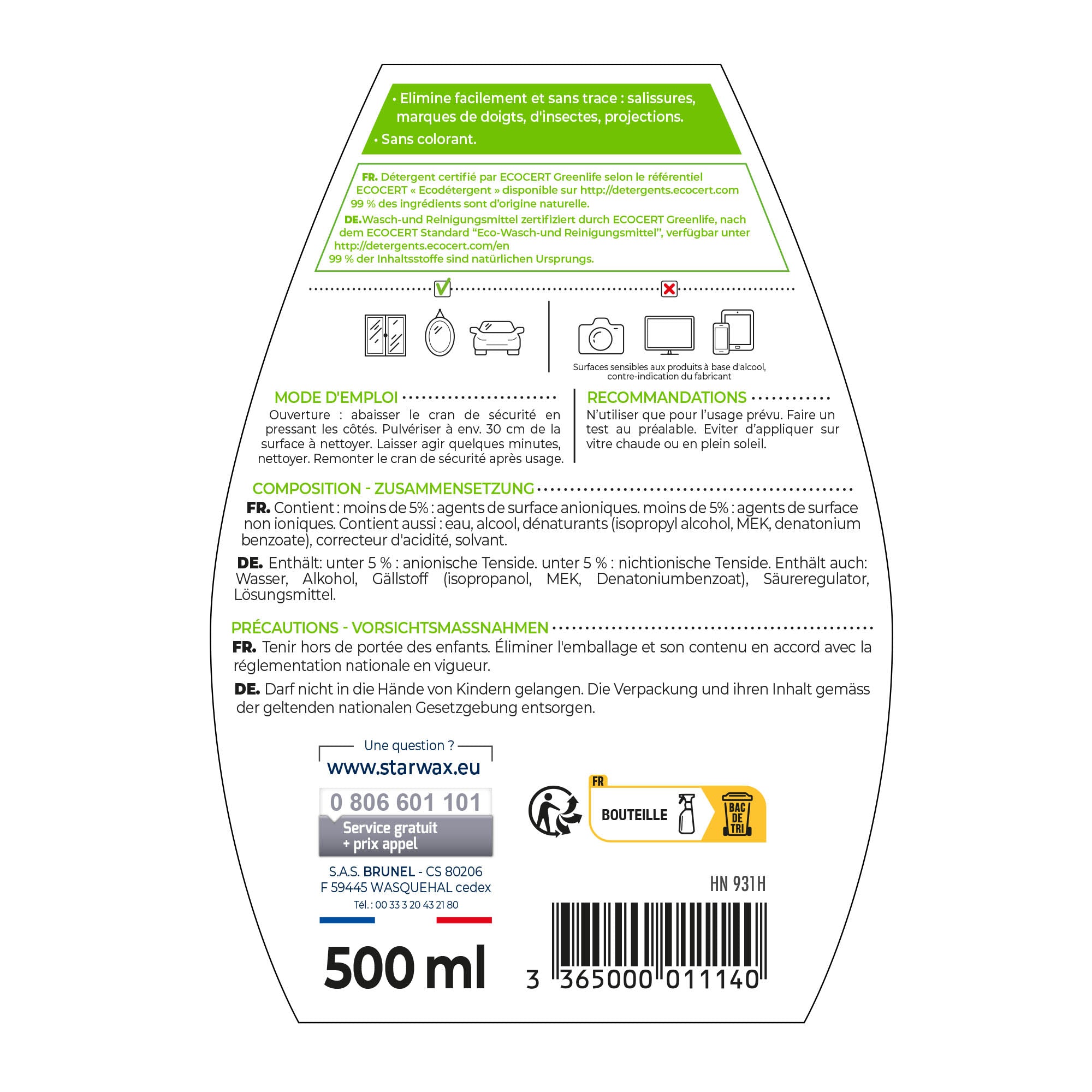 STARWAX SOLUVERT - Nettoyant spécial vitres et miroirs 
 500ml