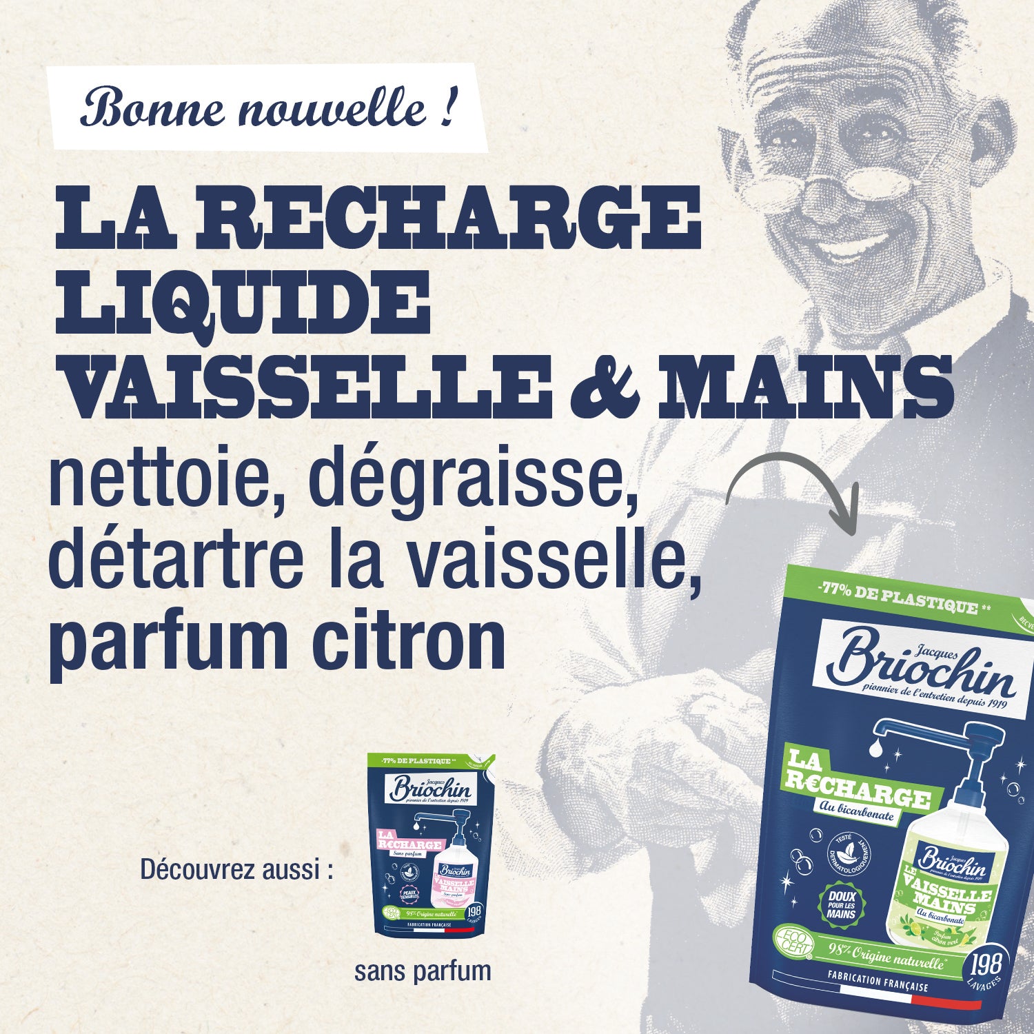 JACQUES BRIOCHIN - Recharge Liquide Vaisselle Mains Bicarbonate de soude & Citron vert 450ml Citron Vert