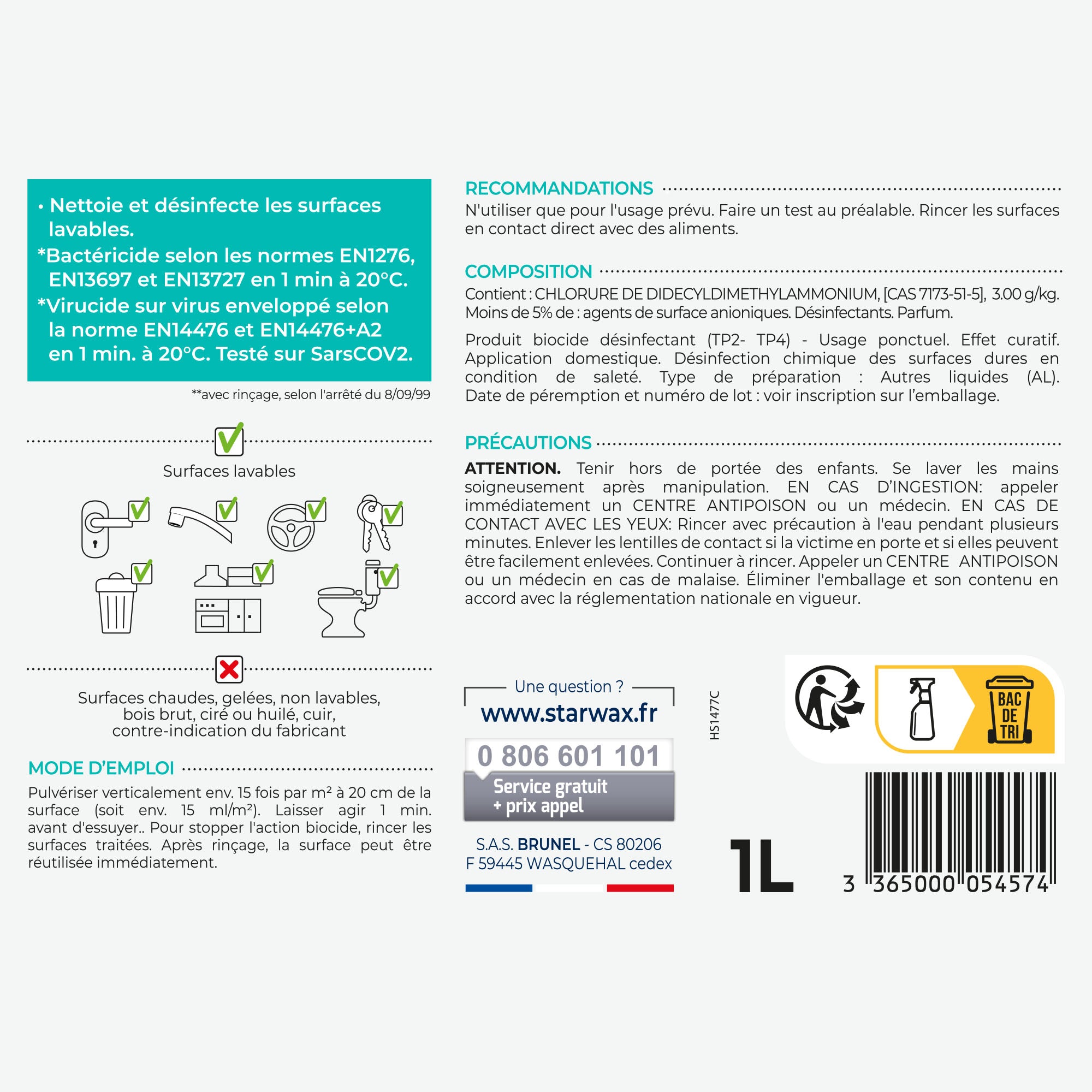 STARWAX - Désinfectant nettoyant multi-surfaces
 1L
