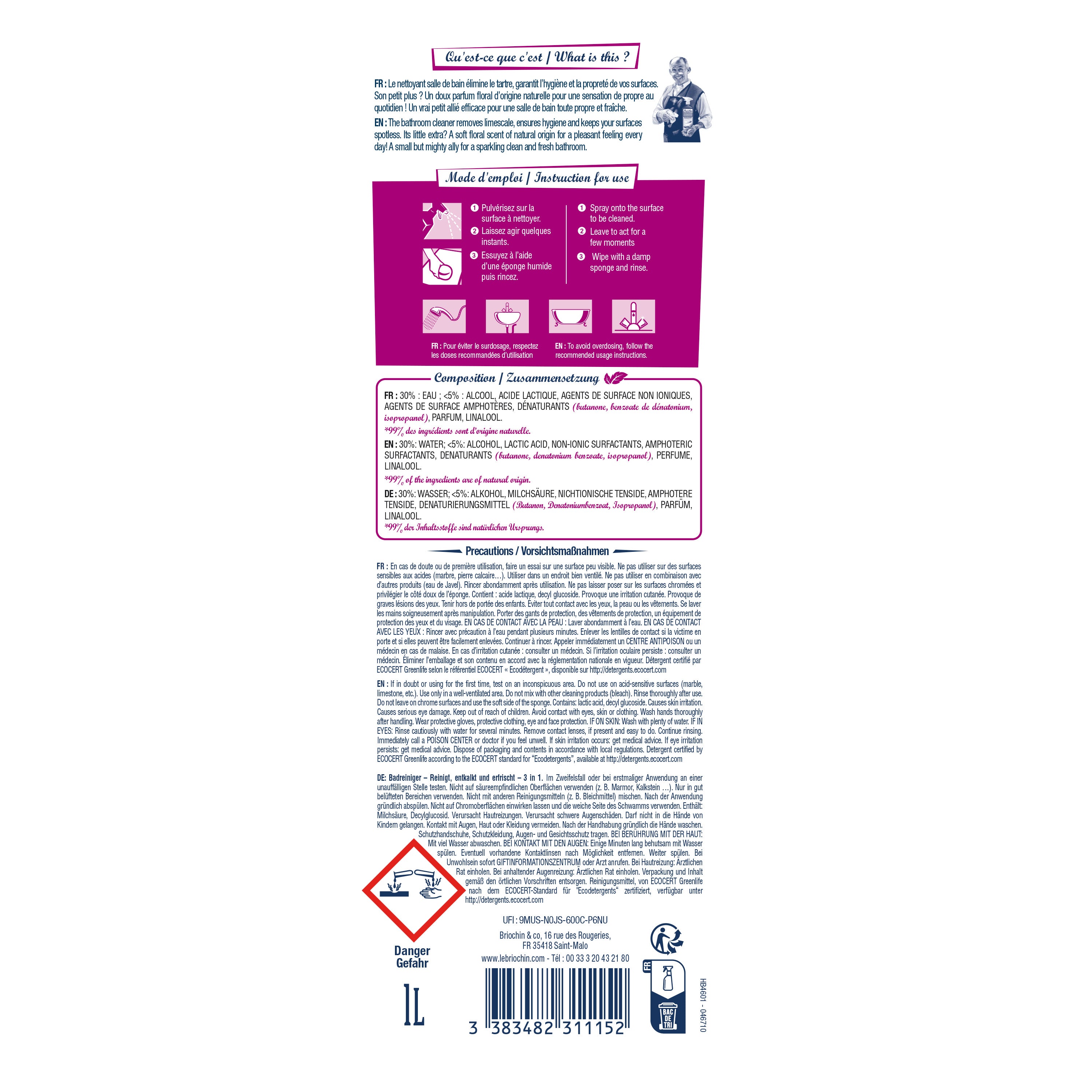 JACQUES BRIOCHIN - Nettoyant salle de bain 3 en 1 parfum floral 1L Parfum floral