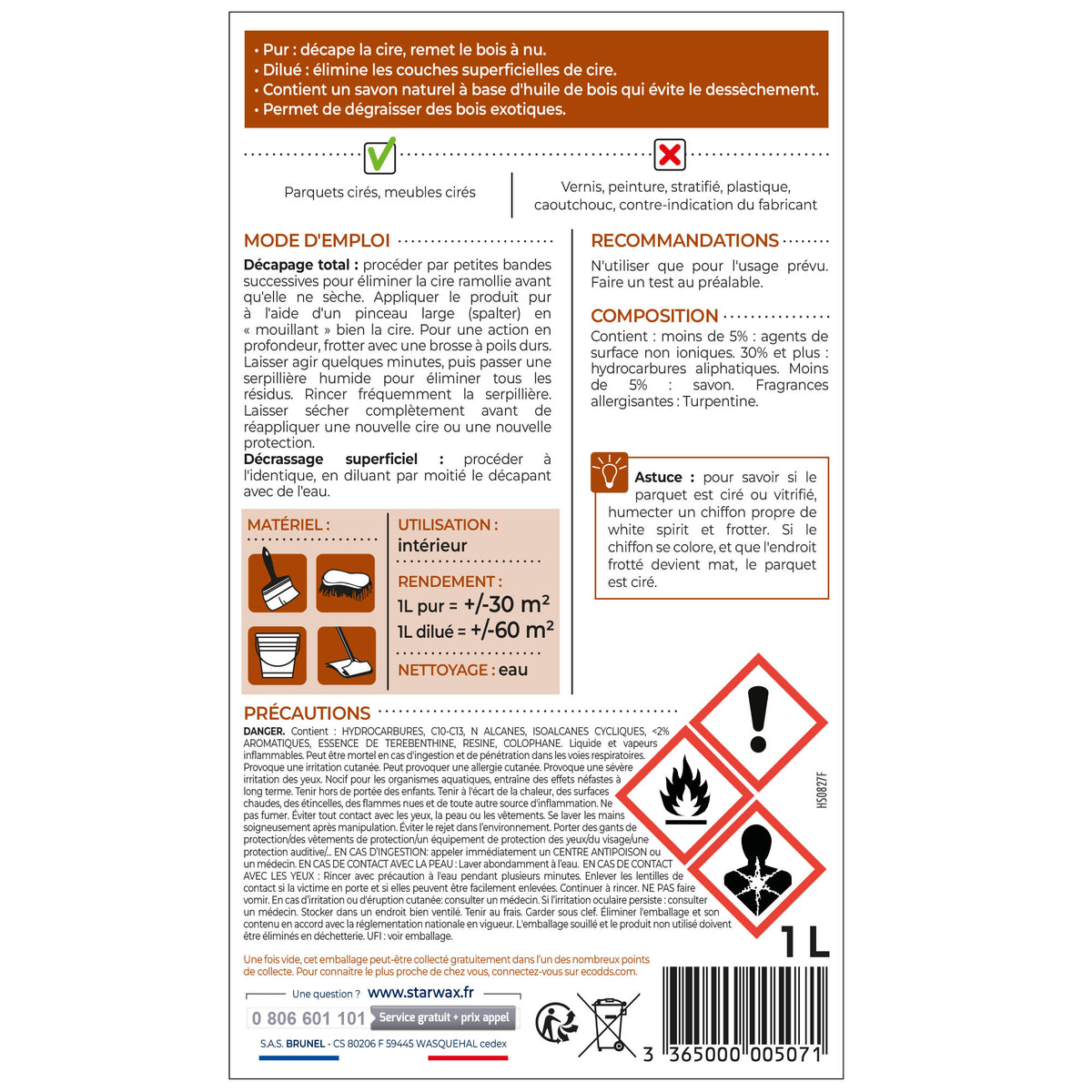STARWAX - Décapant cire pour parquets cirés 1L