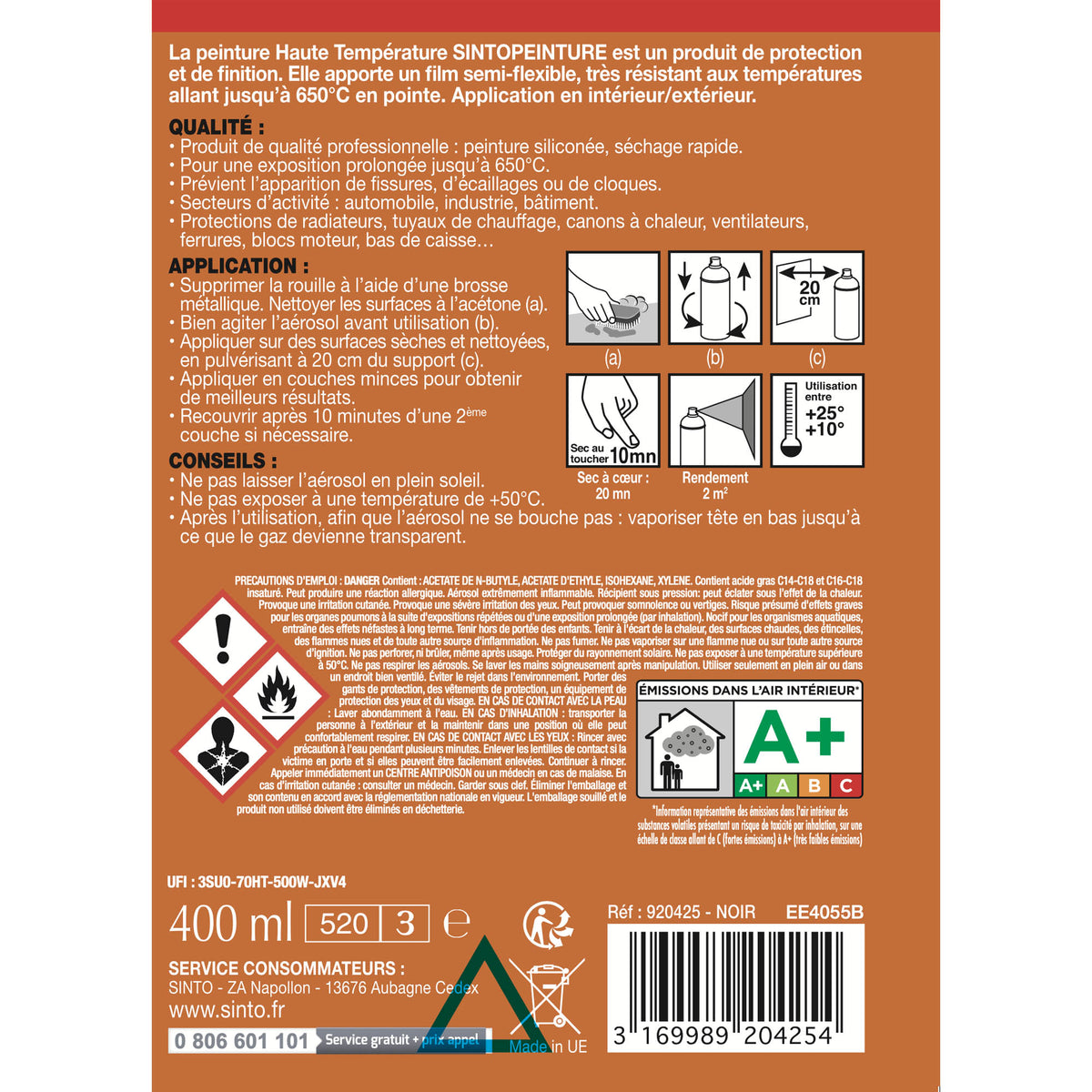 SINTO - Aérosol haute température 400ml Noir